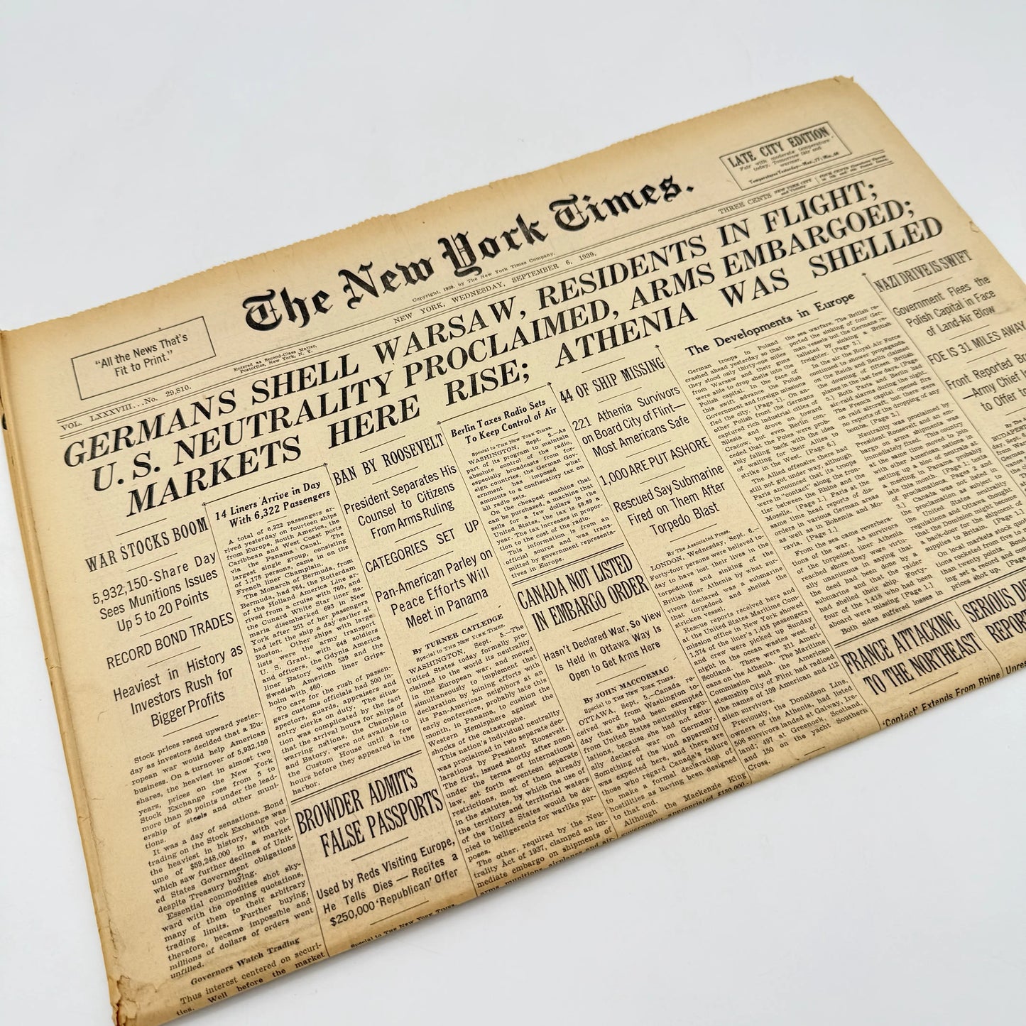 The outbreak of WWII in The New York Times — September 6, 7, 8, 10, and 11 — Sold as a set
