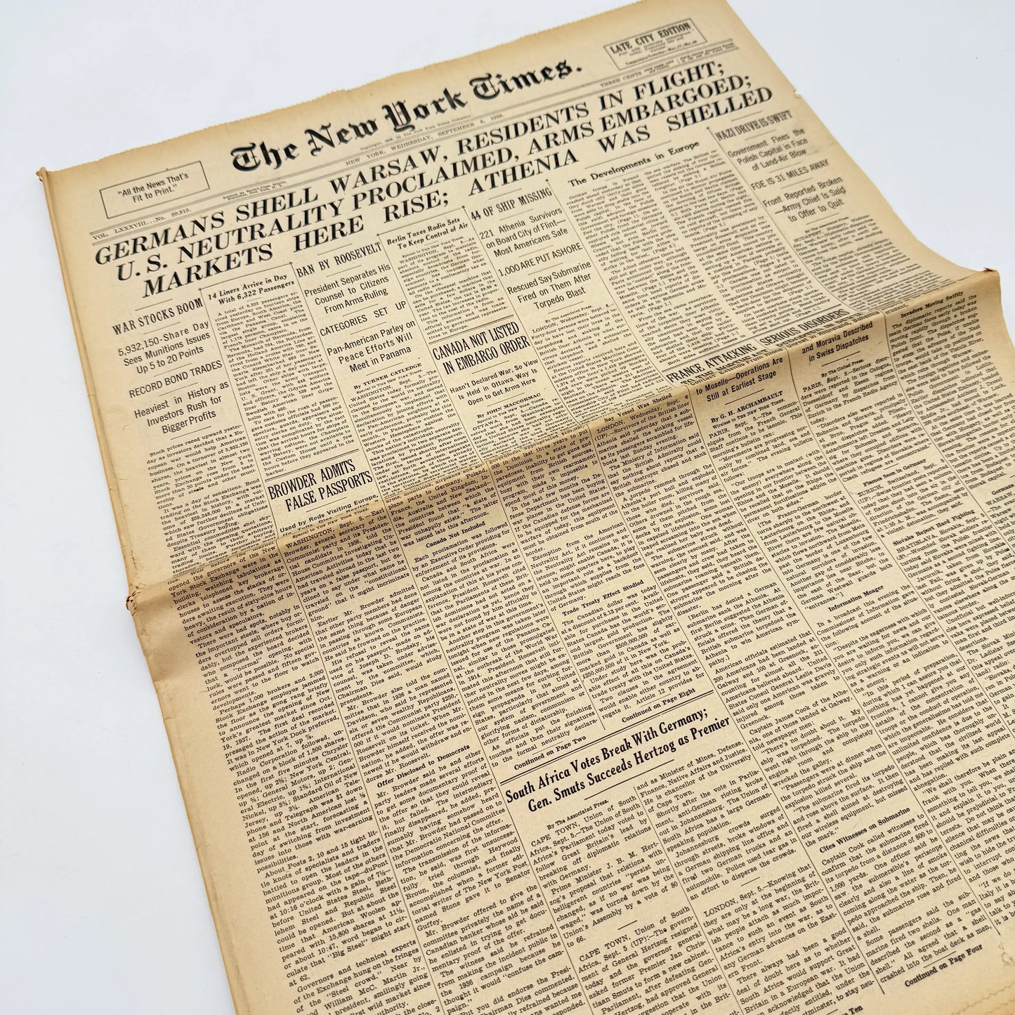 The outbreak of WWII in The New York Times — September 6, 7, 8, 10, and 11 — Sold as a set