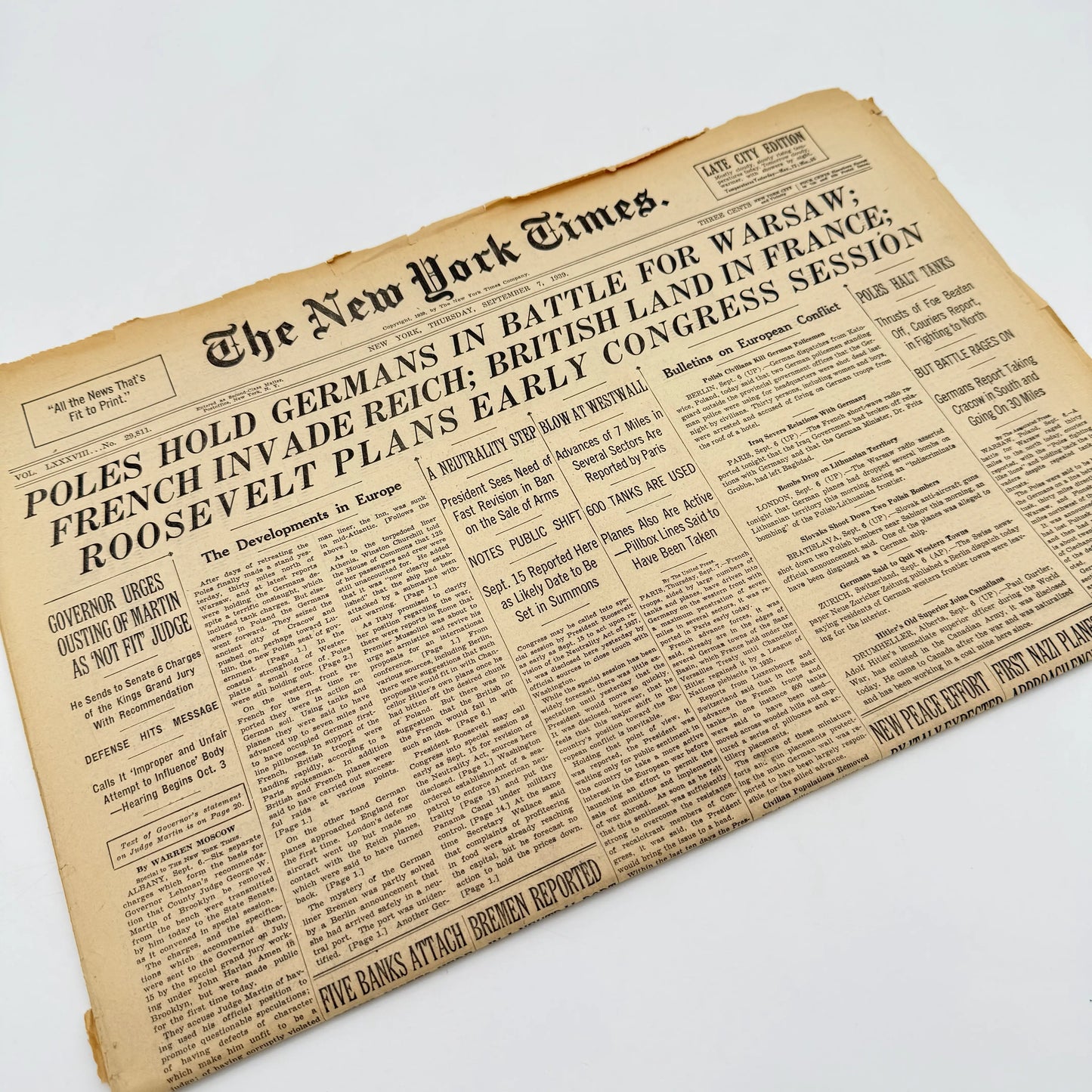 The outbreak of WWII in The New York Times — September 6, 7, 8, 10, and 11 — Sold as a set
