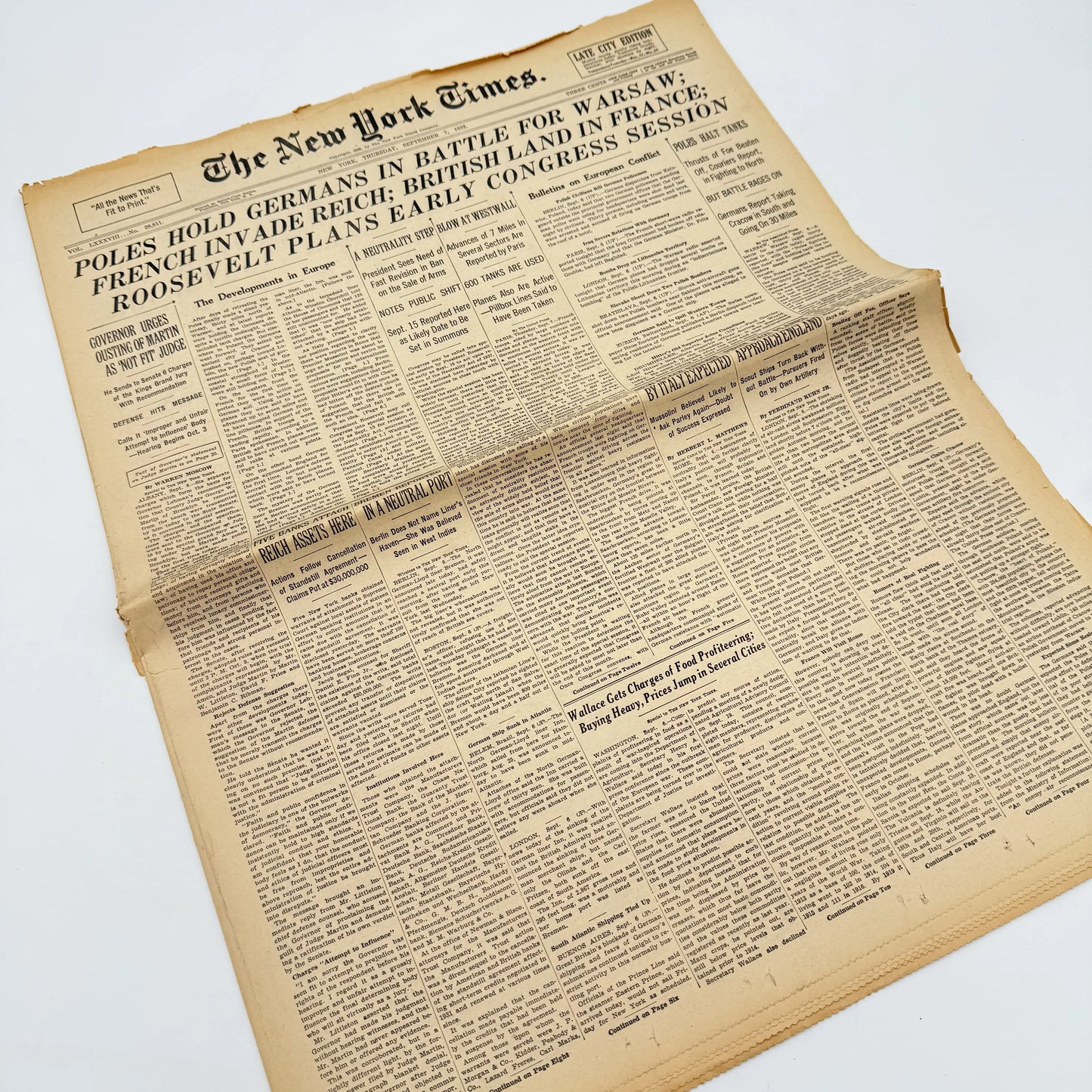 The outbreak of WWII in The New York Times — September 6, 7, 8, 10, and 11 — Sold as a set