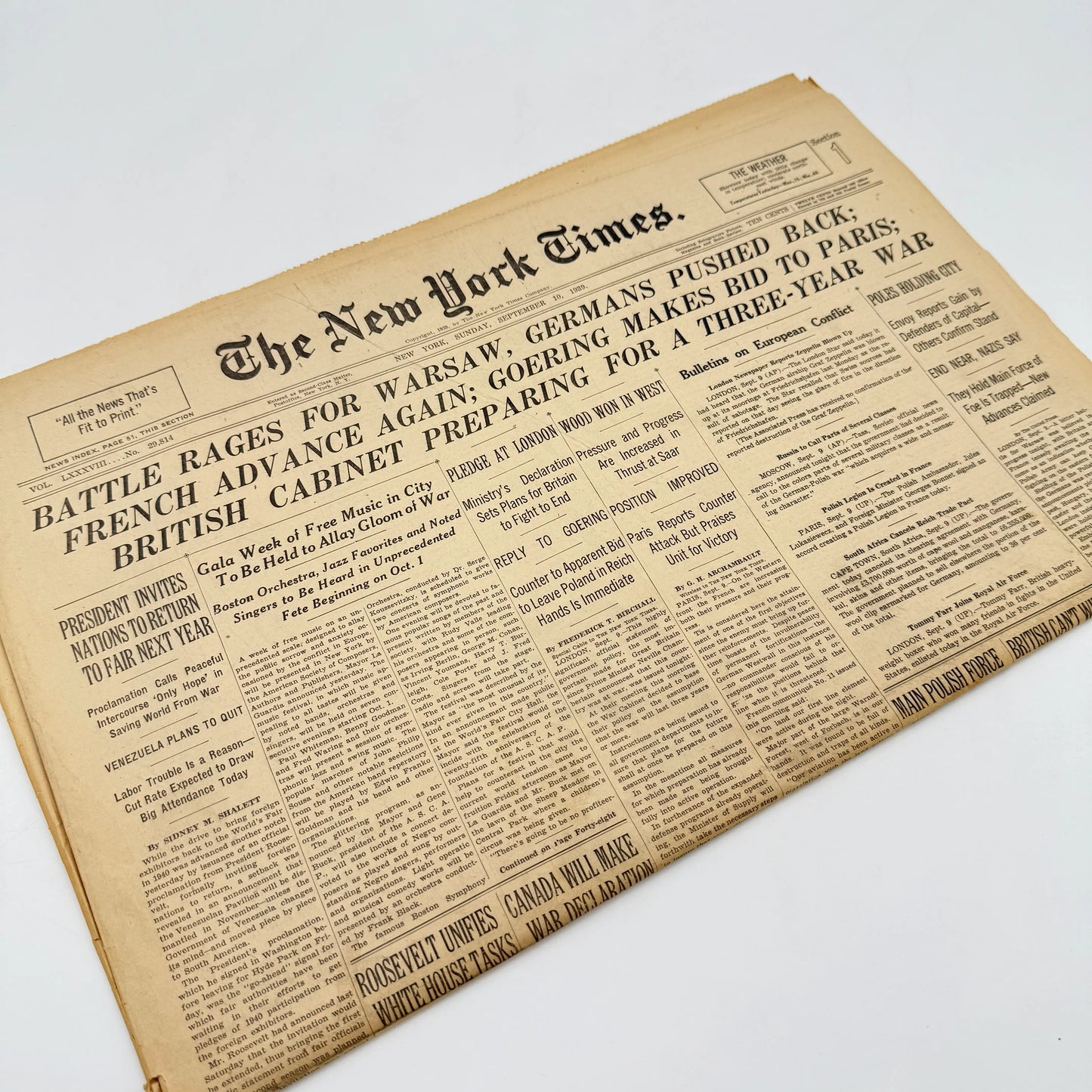 The outbreak of WWII in The New York Times — September 6, 7, 8, 10, and 11 — Sold as a set