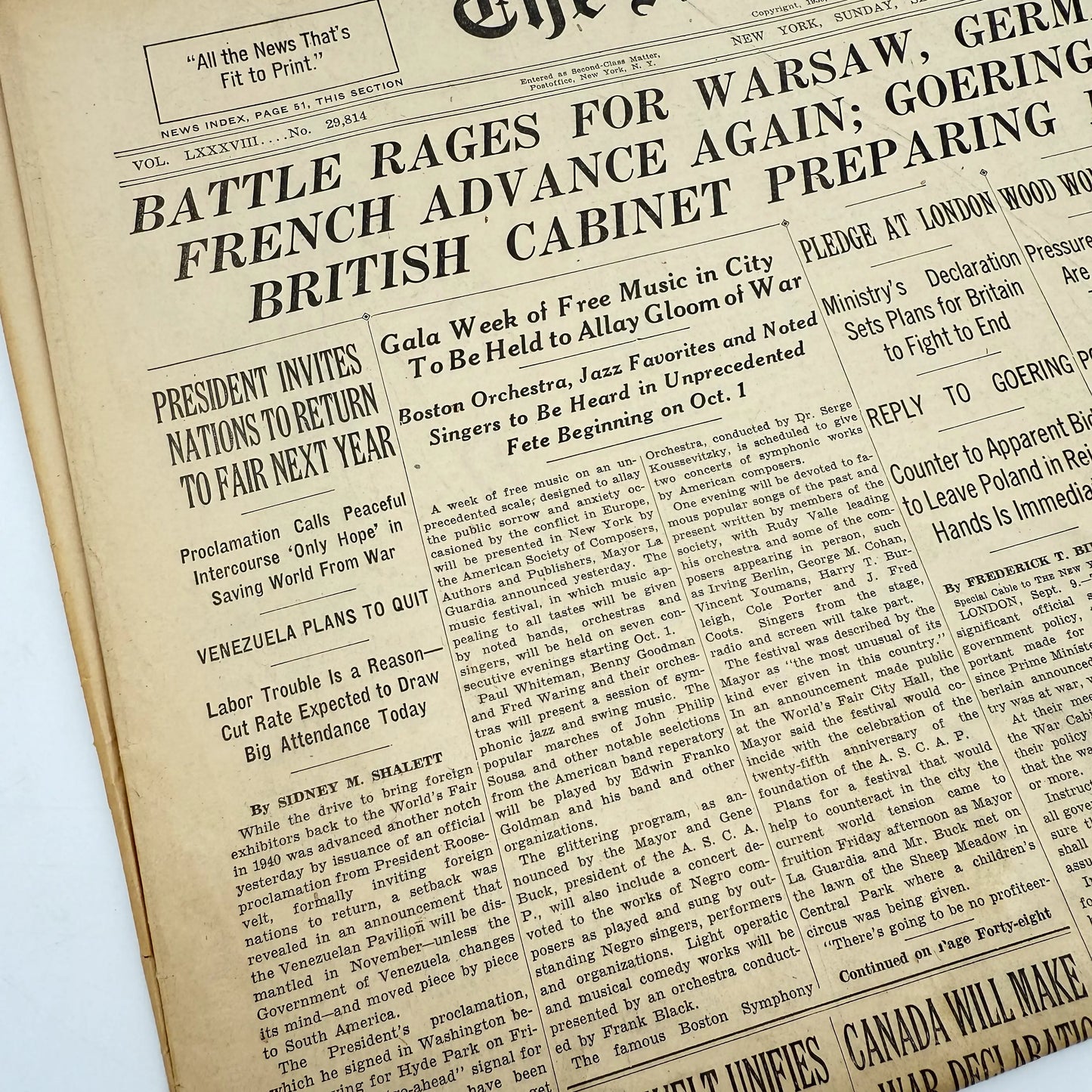The outbreak of WWII in The New York Times — September 6, 7, 8, 10, and 11 — Sold as a set