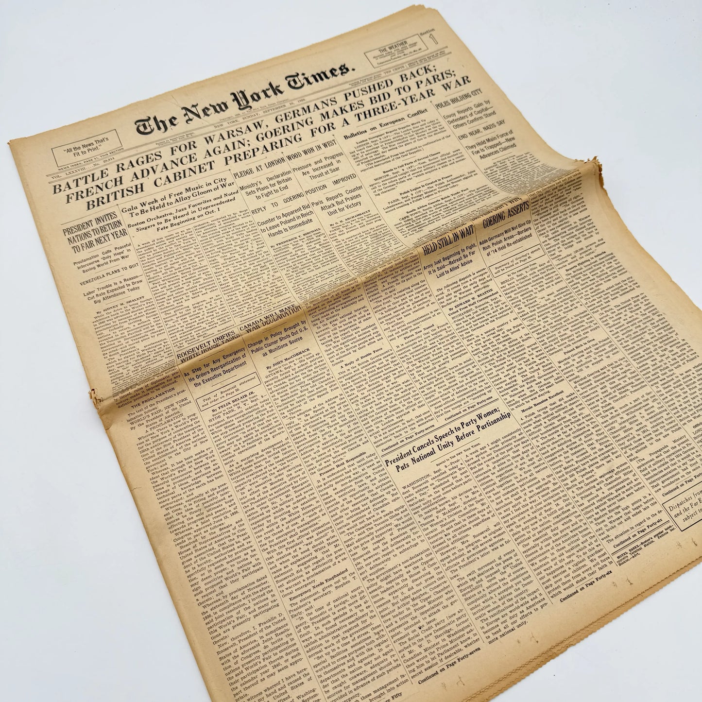 The outbreak of WWII in The New York Times — September 6, 7, 8, 10, and 11 — Sold as a set