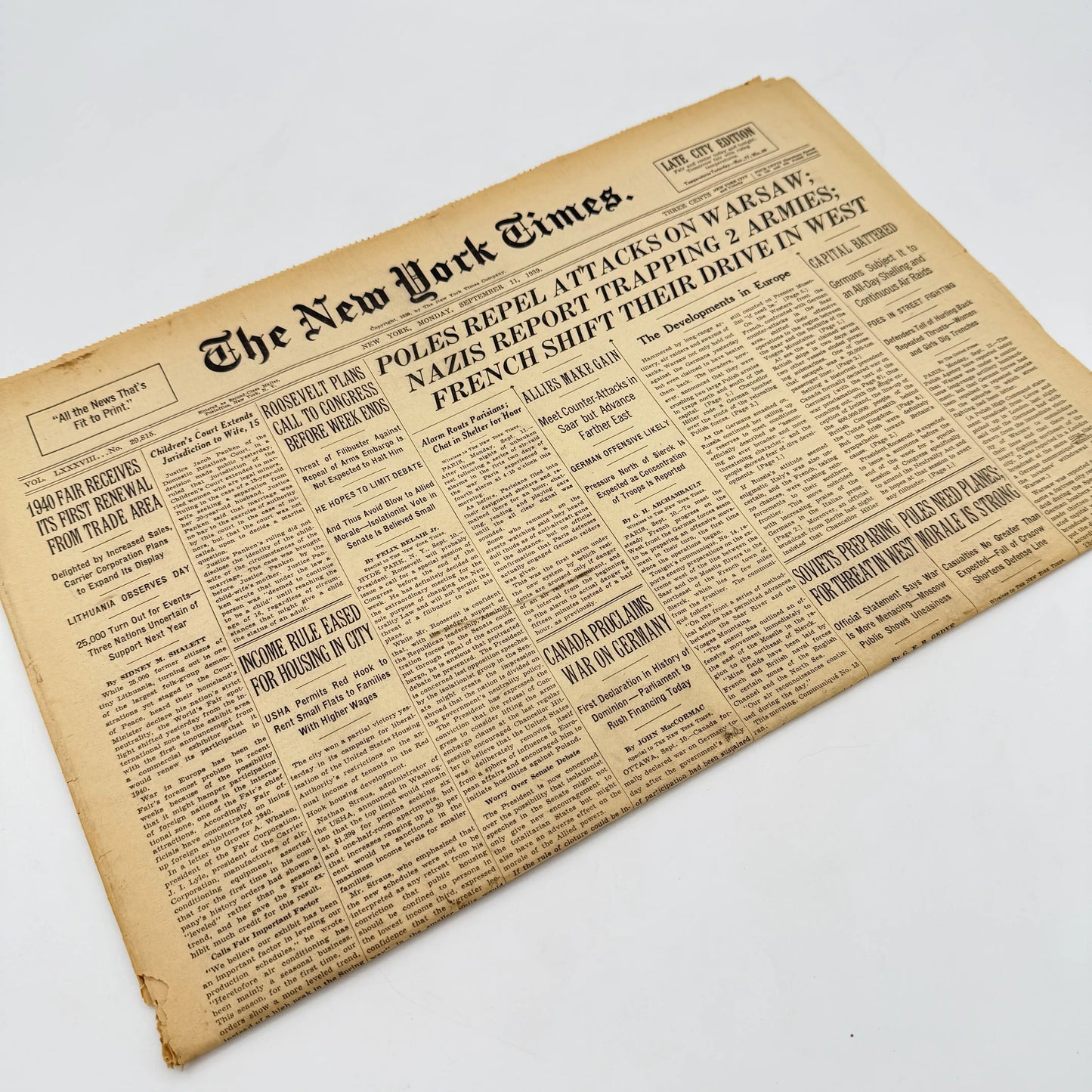 The outbreak of WWII in The New York Times — September 6, 7, 8, 10, and 11 — Sold as a set