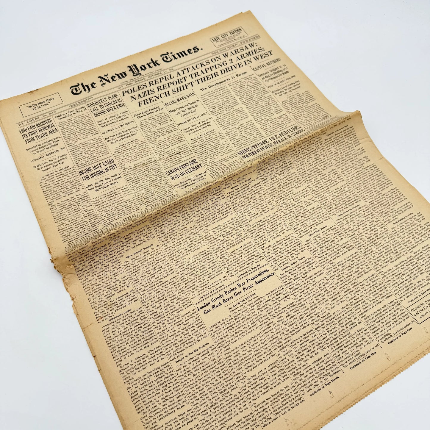 The outbreak of WWII in The New York Times — September 6, 7, 8, 10, and 11, 1939 — Sold as a set