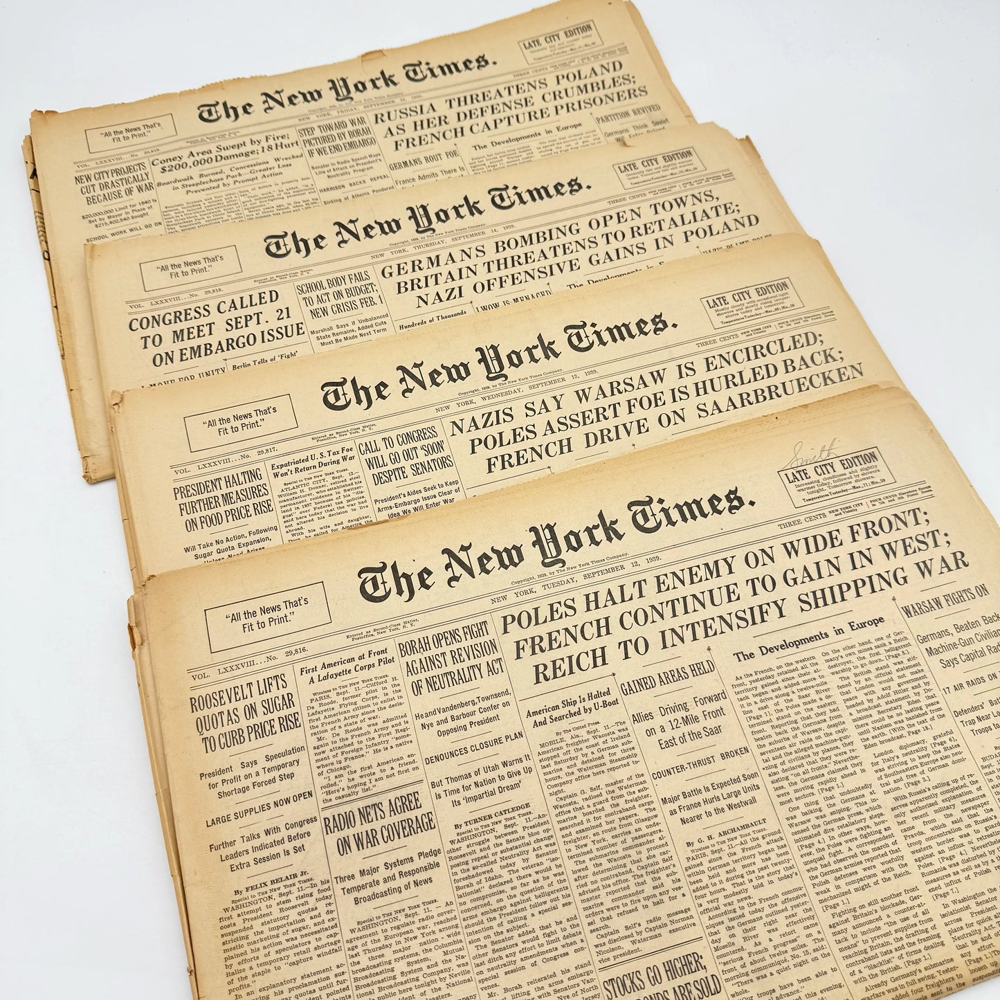 The outbreak of WWII in The New York Times — Poland — September 12 - 15 — Sold as a set
