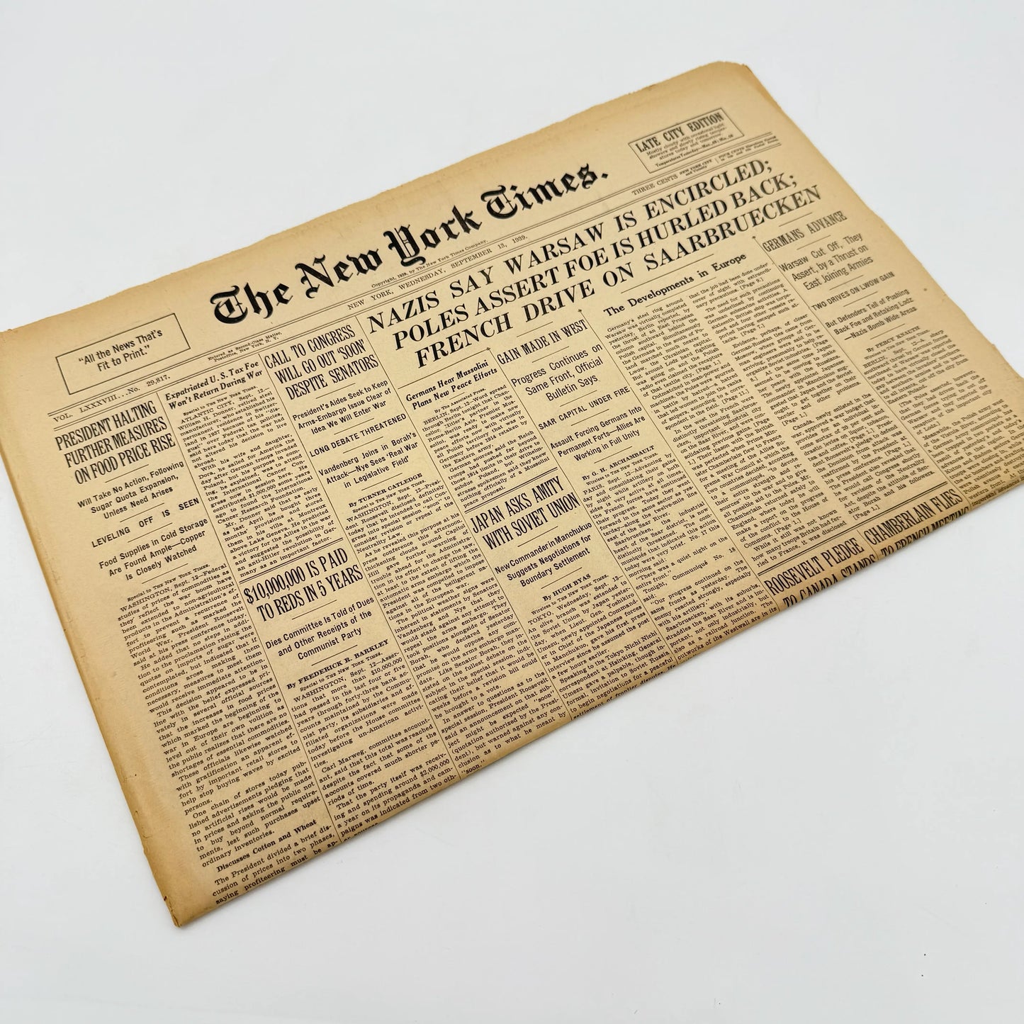 The outbreak of WWII in The New York Times — Poland — September 12 - 15 — Sold as a set
