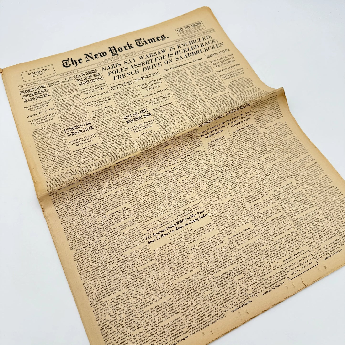 The outbreak of WWII in The New York Times — Poland — September 12 - 15 — Sold as a set