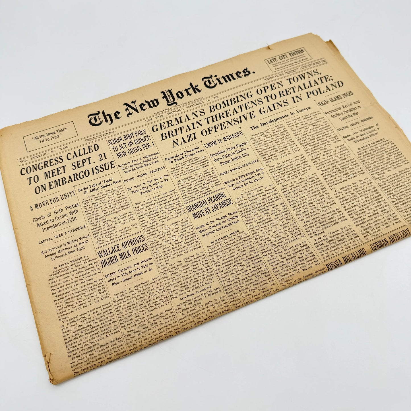 The outbreak of WWII in The New York Times — Poland — September 12 - 15 — Sold as a set