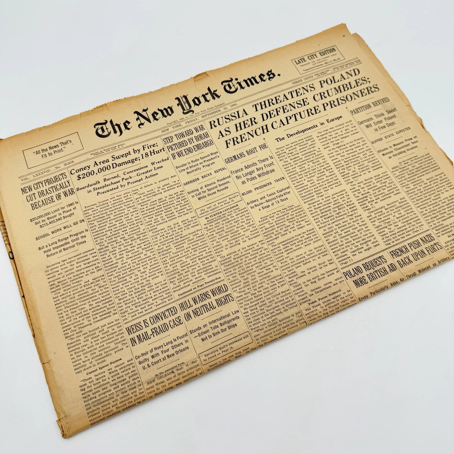 The outbreak of WWII in The New York Times — Poland — September 12 - 15 — Sold as a set