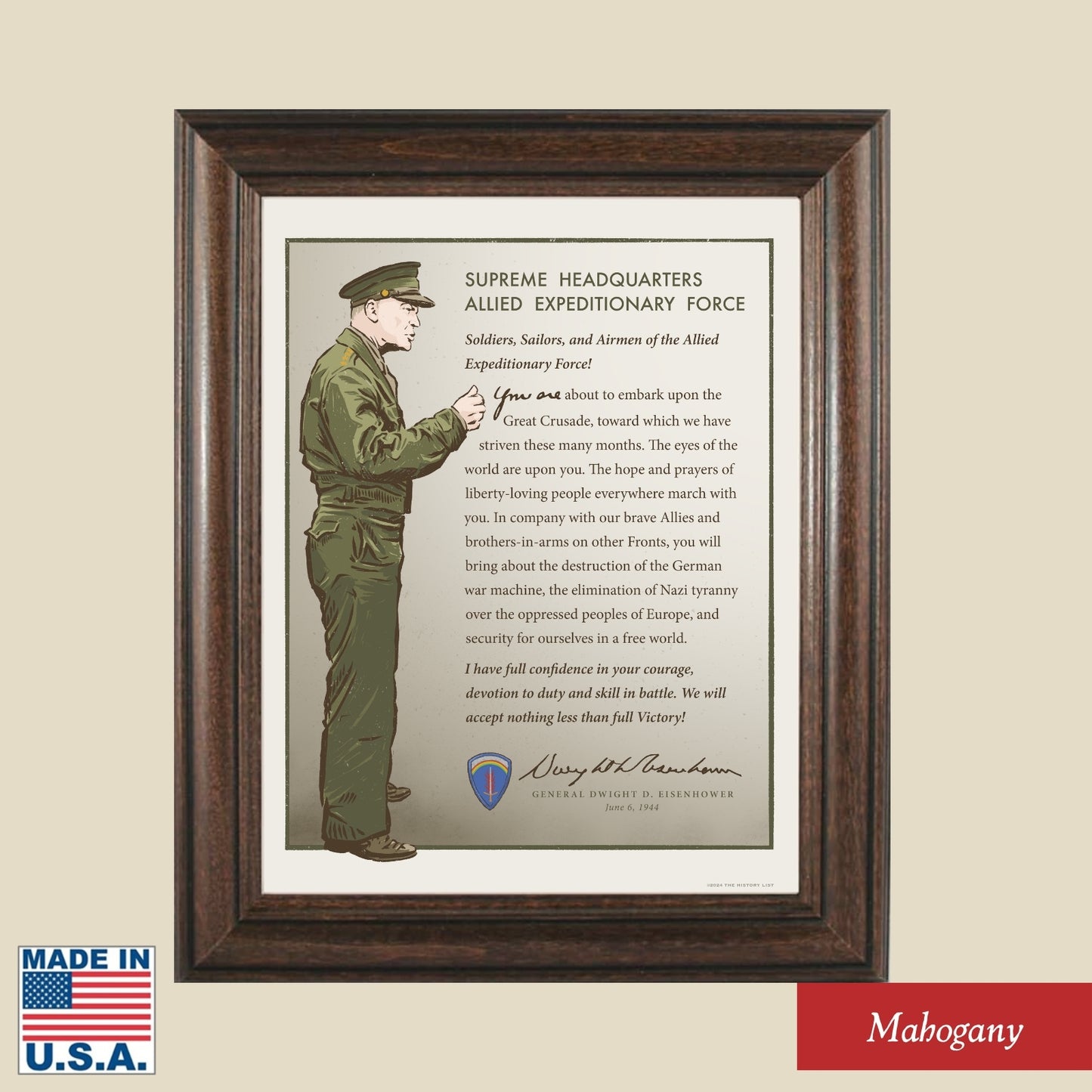 Gen. Dwight D. Eisenhower on D-Day — Original print framed in a solid wood frame made in America