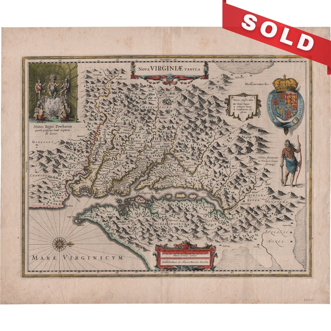 1630s map of Virginia — Nova Virginiae Tabula — Hand colored