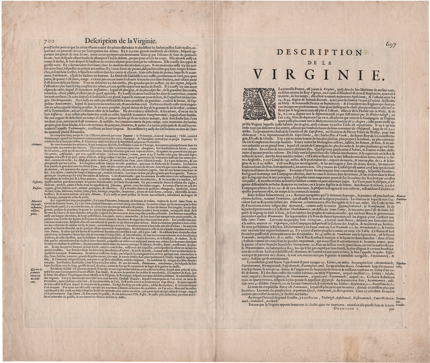 1630s map of Virginia — Nova Virginiae Tabula — Hand colored