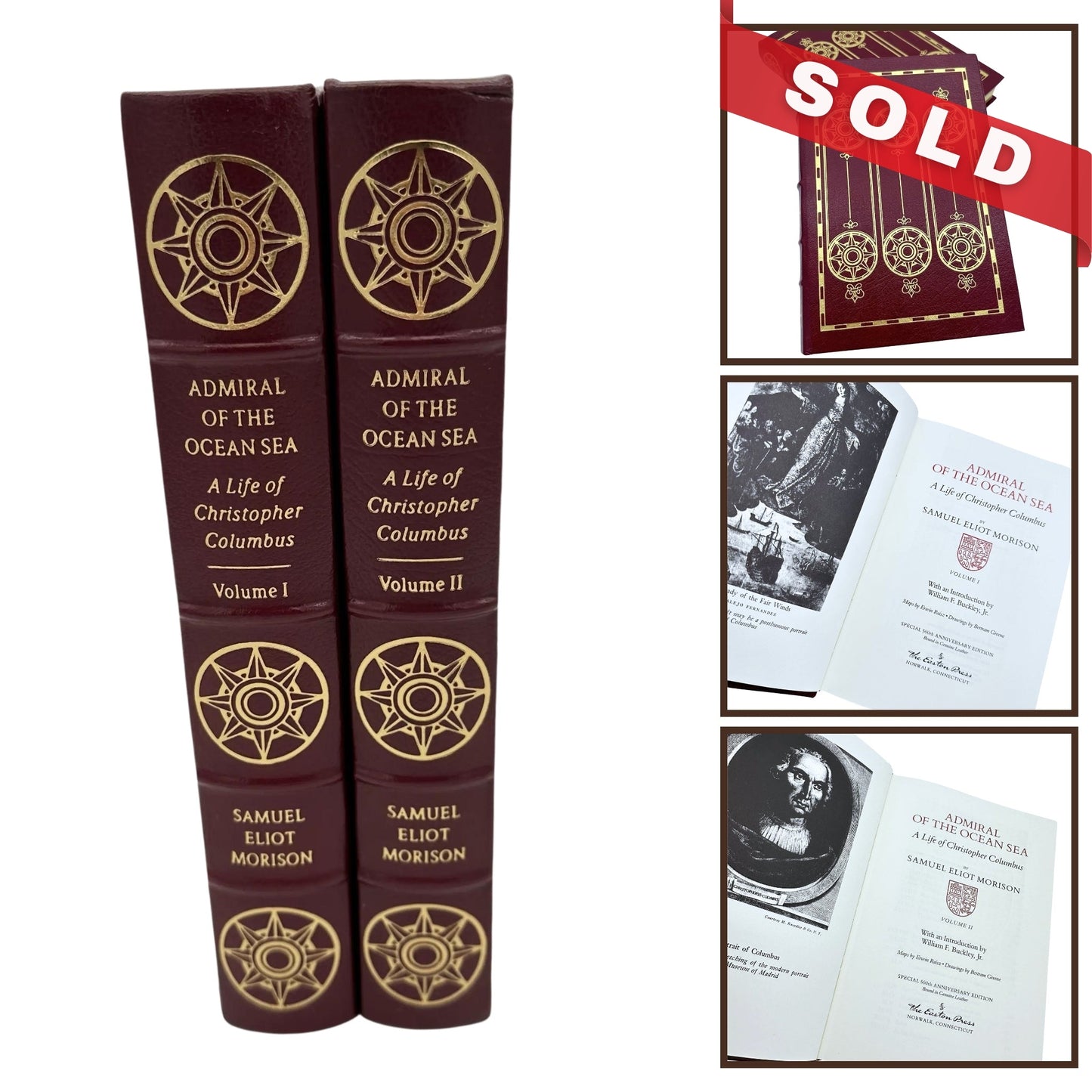 1942 "Admiral of the Ocean Sea: A Life of Christopher Columbus" — Samuel Eliot Morison — Leather-bound, gilt-edged Easton Press edition — 2 volumes