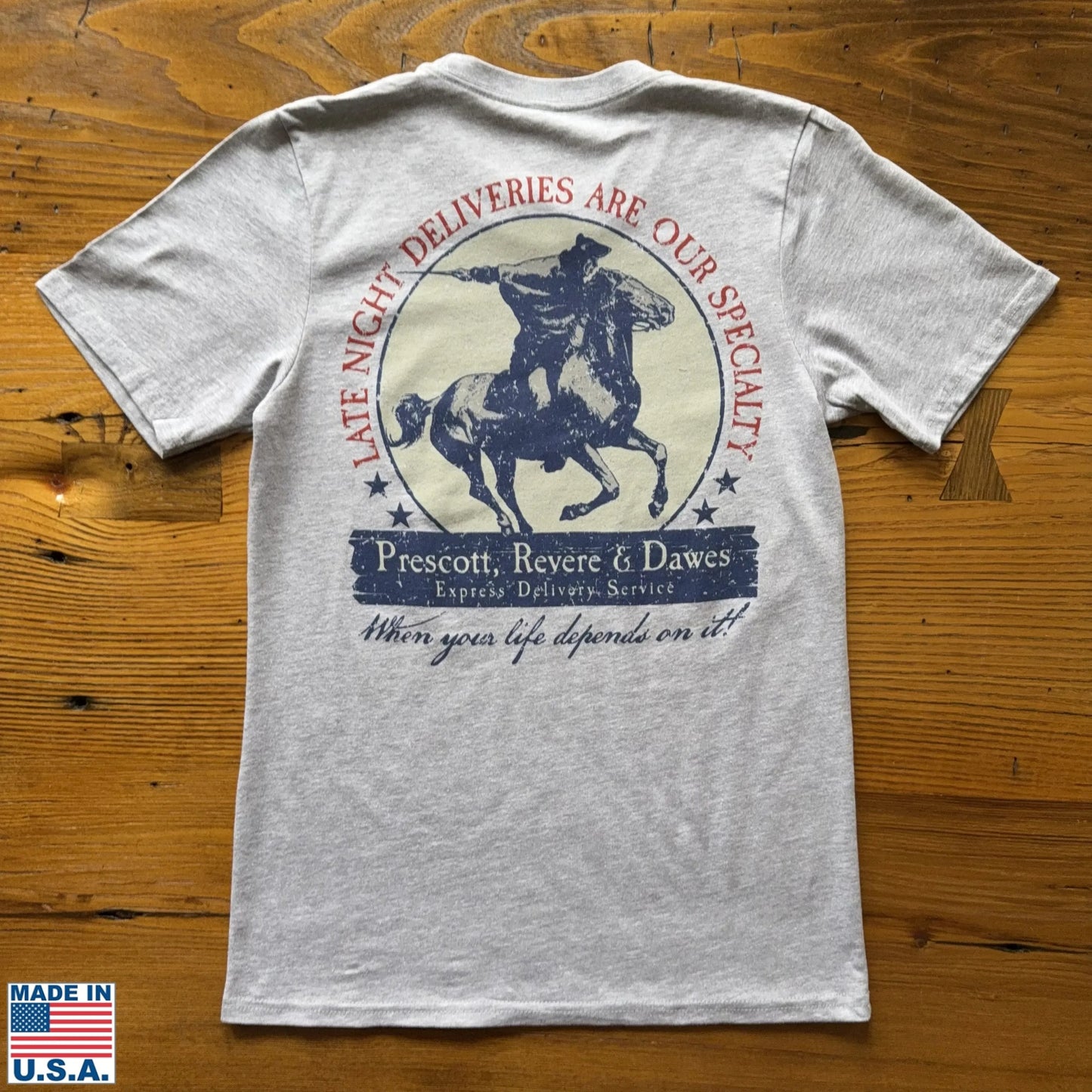 Back view of the "Prescott, Revere, and Dawes Express Delivery Service" Made in America Shirt from The History List Store.