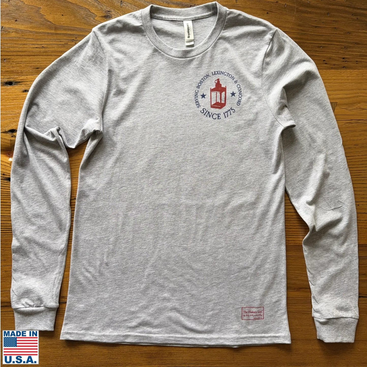 Front view of the "Prescott, Revere, and Dawes Express Delivery Service" Made in America Long-sleeved shirt from The History List Store.