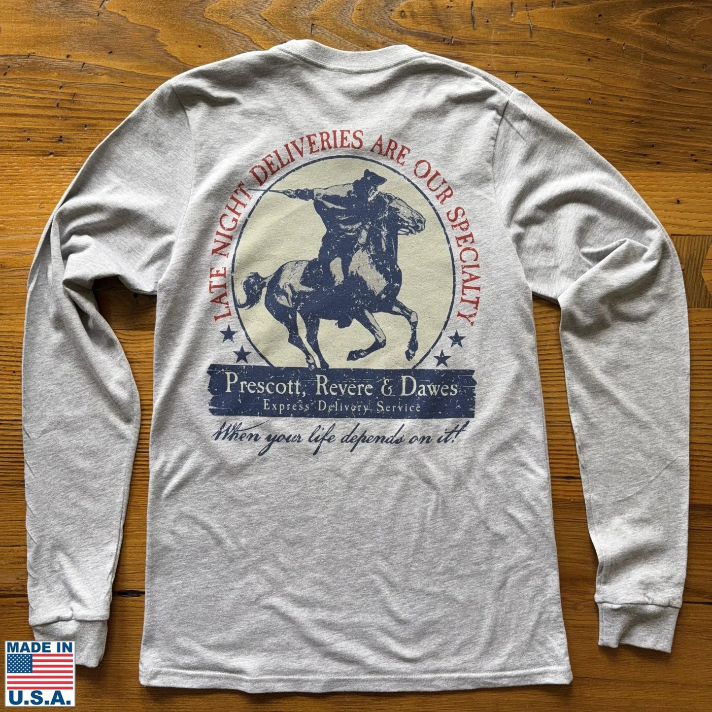 Back view of the "Prescott, Revere, and Dawes Express Delivery Service" Made in America Long-sleeved shirt from The History List Store.