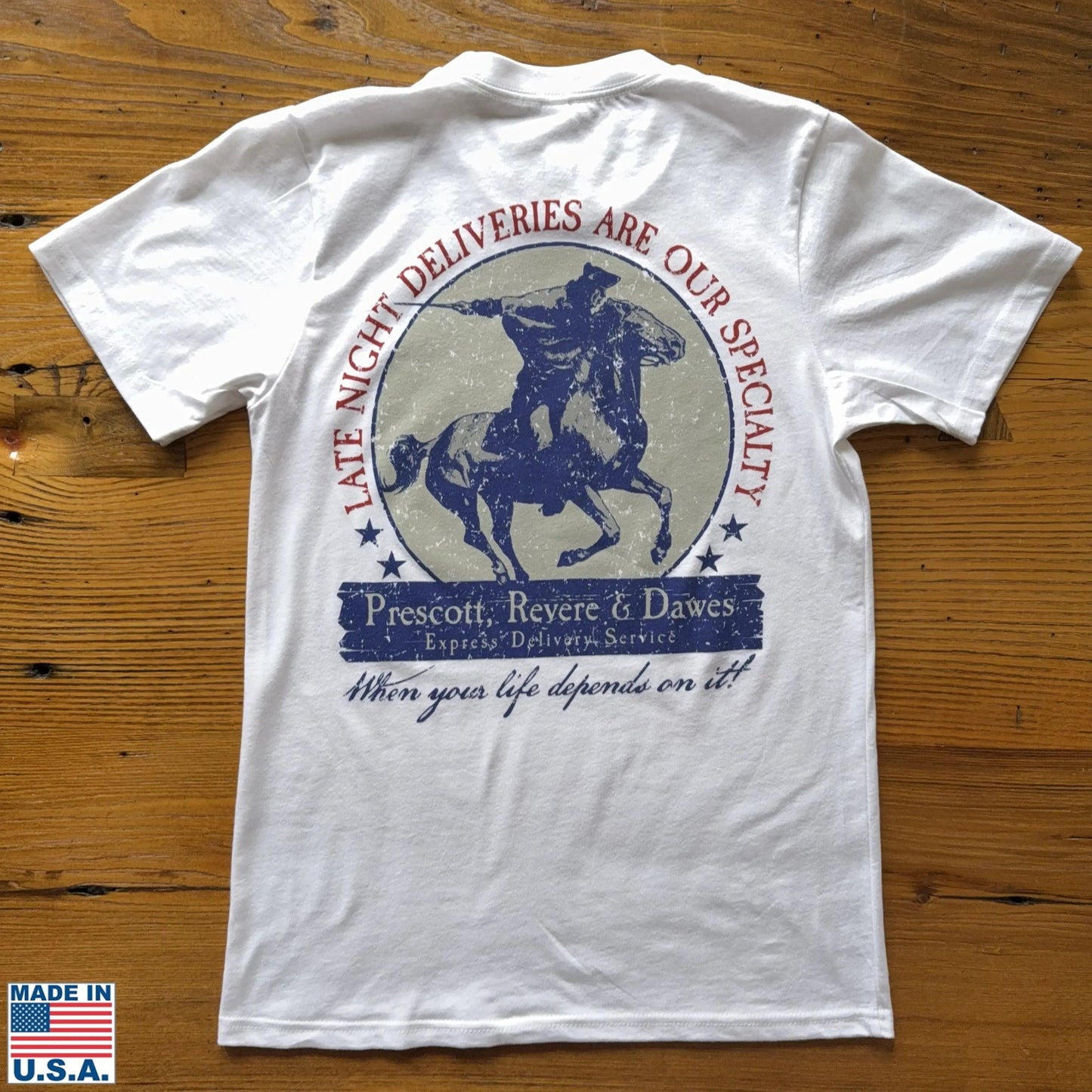 Back view of the "Prescott, Revere, and Dawes Express Delivery Service" Made in America Shirt, White, from The History List Store.