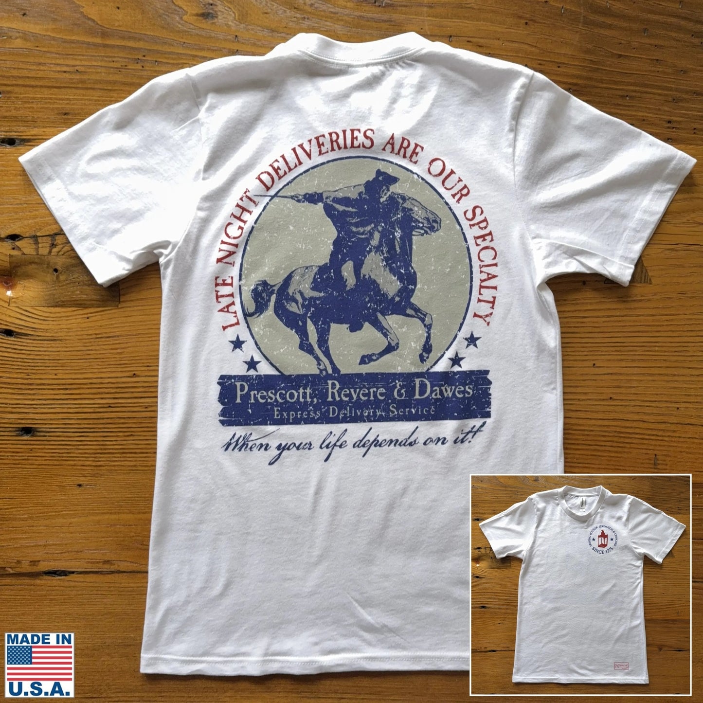 "Prescott, Revere, and Dawes Express Delivery Service" Made in America Shirt, White, from The History List Store.
