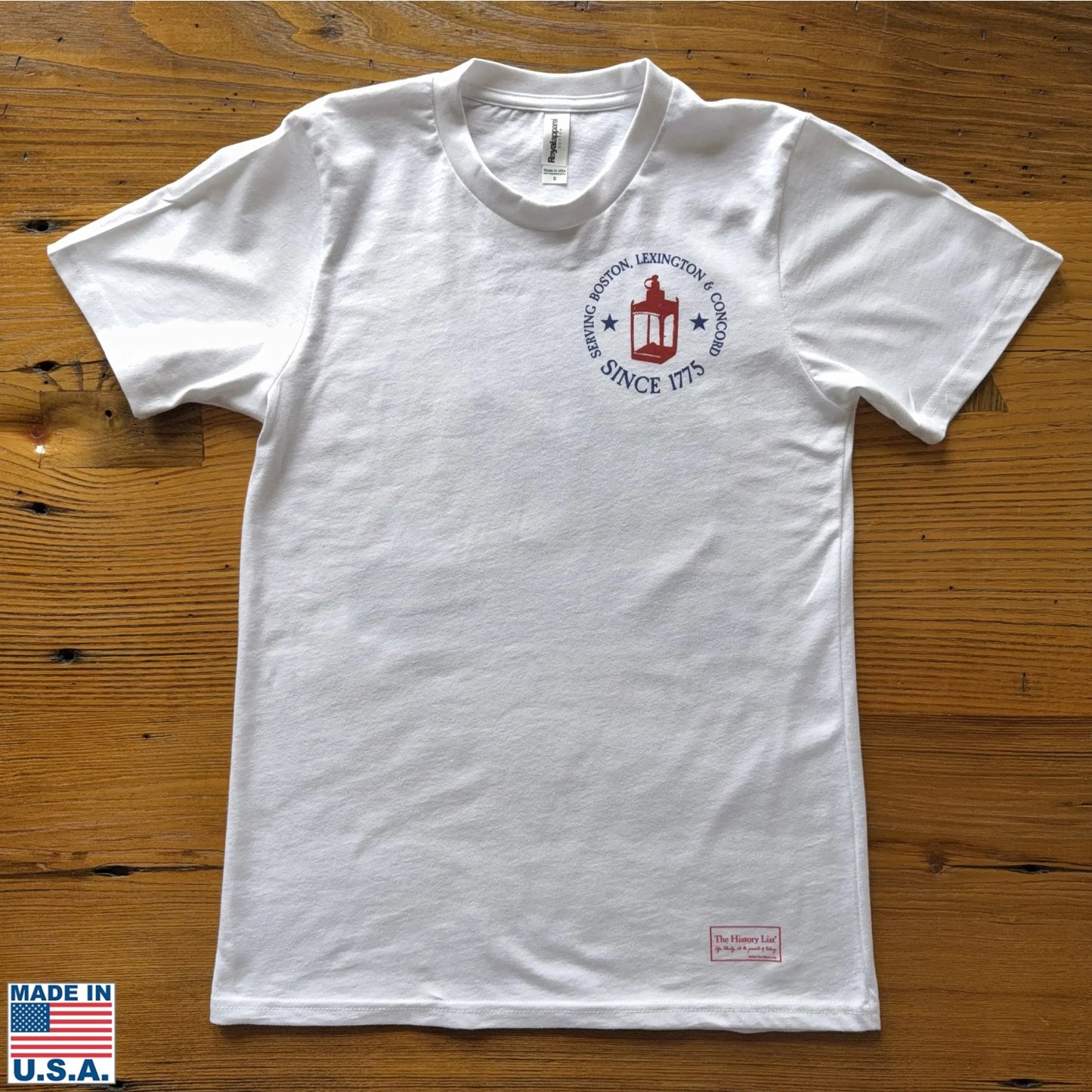 Front view of the "Prescott, Revere, and Dawes Express Delivery Service" Made in America Shirt, White, from The History List Store.