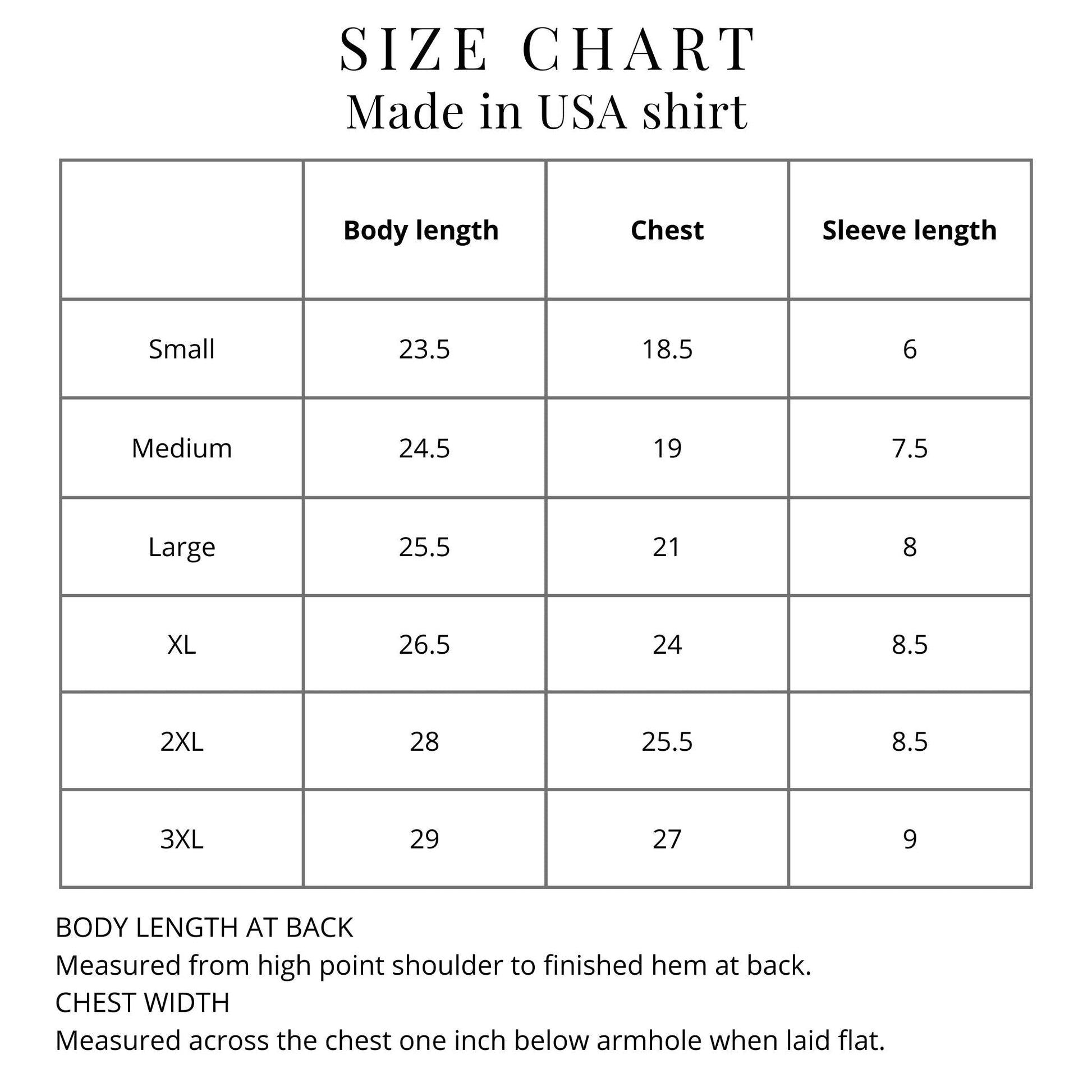 Size chart for 100% cotton Made in America t-shirt from The History List Store.