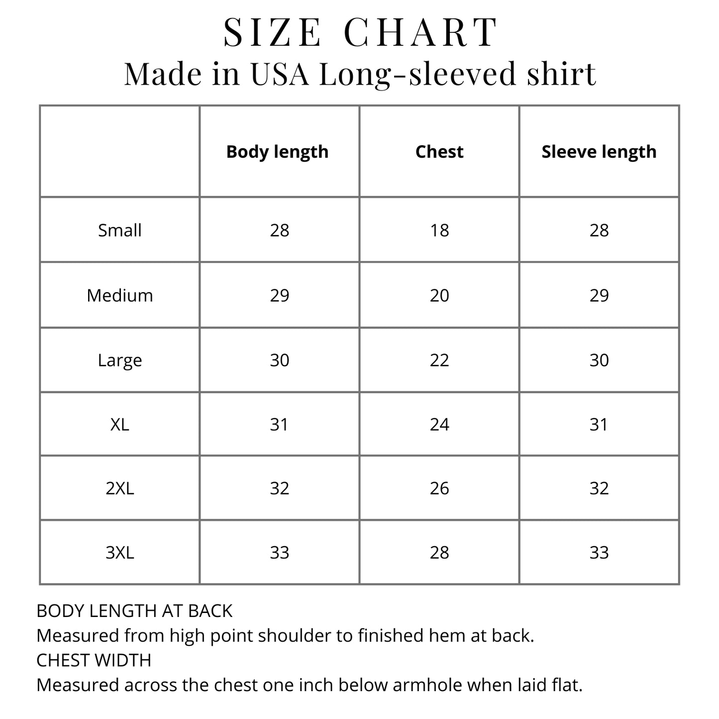 Size chart of the Boston Tea Party 250th Anniversary Long-sleeved Shirt Made in America — 100% Organic Cotton from The History List Store.