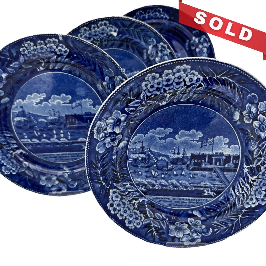 Historical Staffordshire blue plate showing the landing of Gen. Lafayette at Castle Garden in New York in 1824