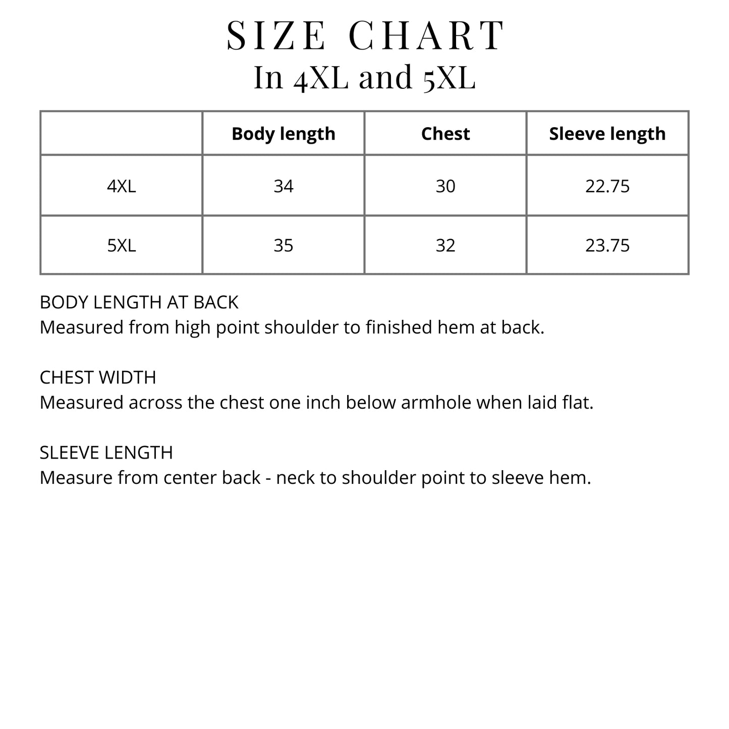 Size chart of the "Operation Torch" Made in America Shirt from The History List Store.