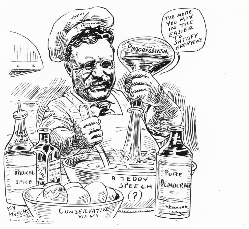 Roosevelt mixing ideologies in his speeches in this 1912 editorial cartoon by Karl K. Kneecht (1883–1972) in the Evansville Courier