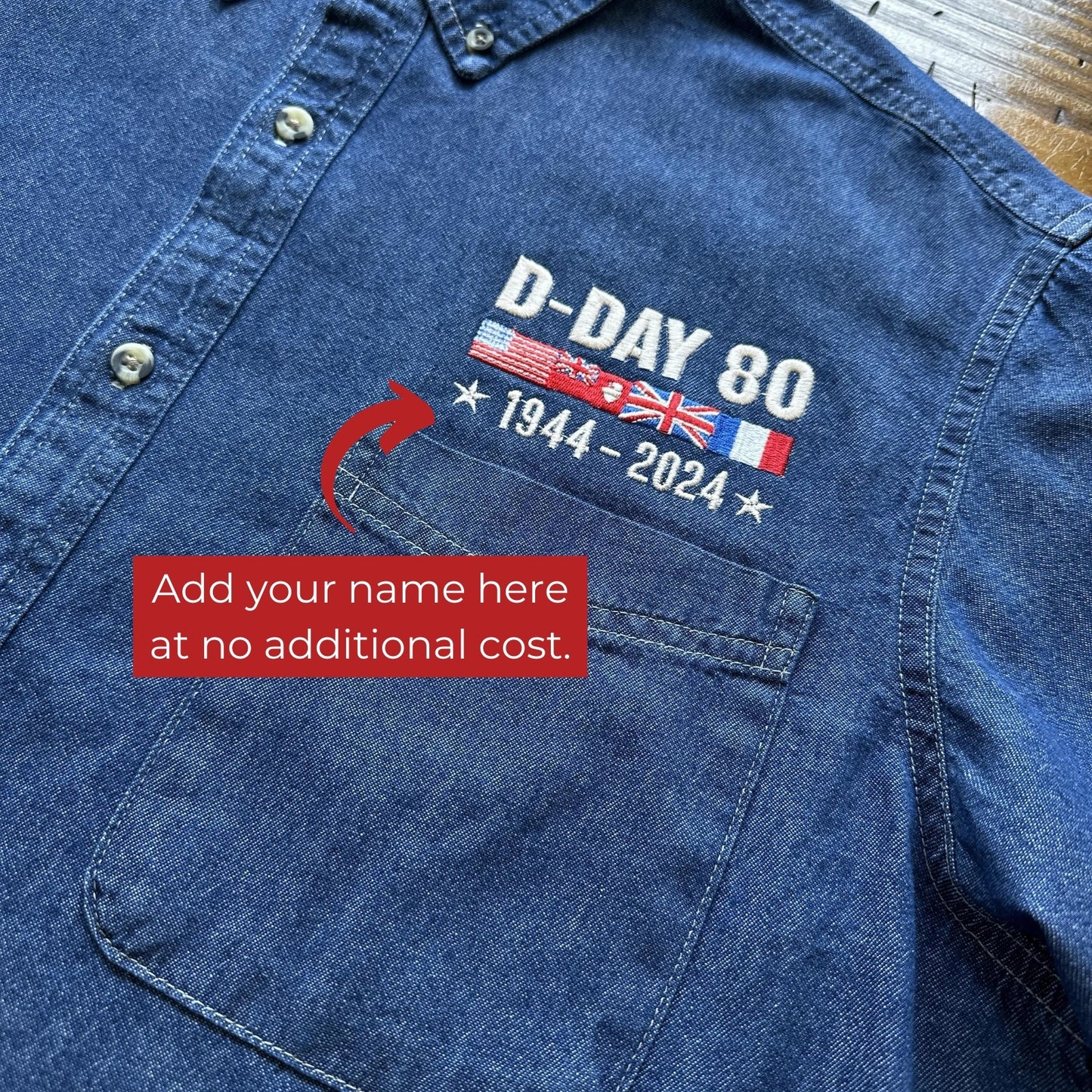 D-Day 80th Anniversary embroidered long sleeve button down shirt with free personalization