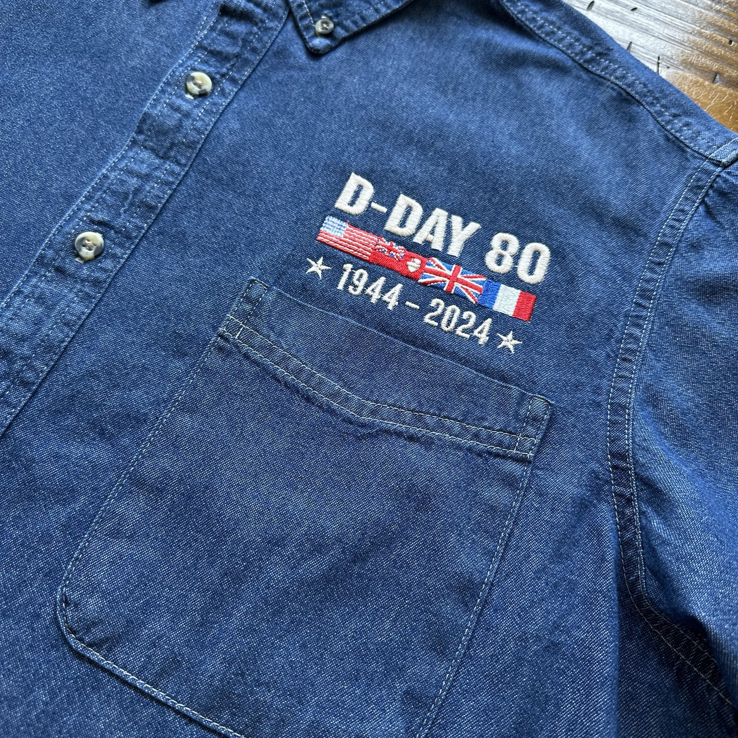 Close-up of the D-Day 80th Anniversary embroidered long sleeve button down shirt with free personalization from The History List Store.