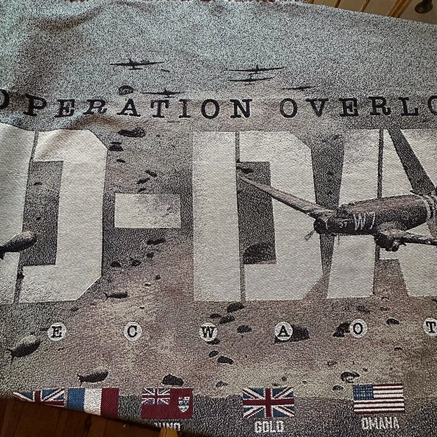 Close-up of flags from the D-Day Operation Overlord Woven Blanket — Made in America from The History List store