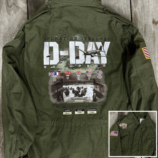 M65 Army field coats with original D-Day Operation Overlord design and a 48-star flag from The History List Store