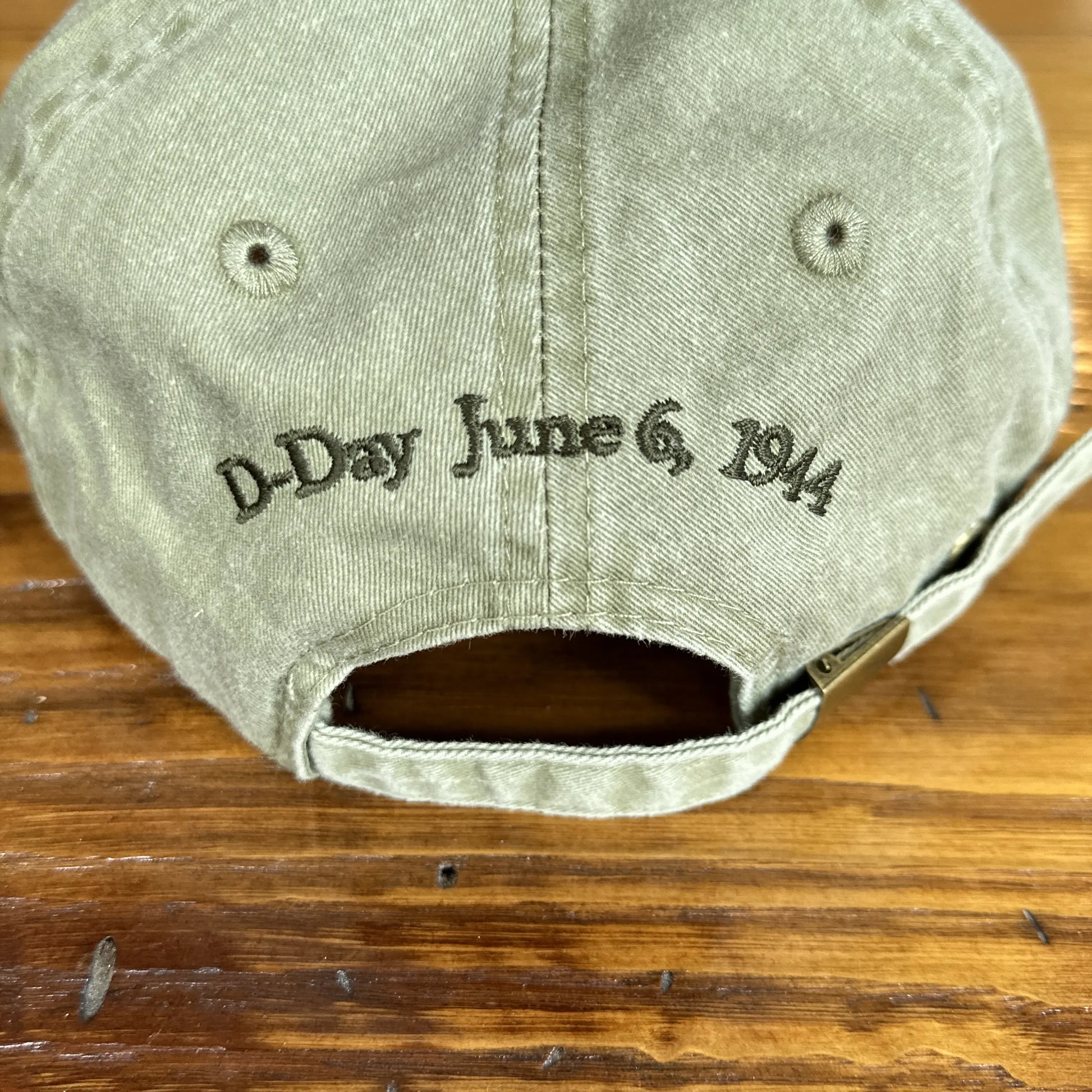 Back of D-Day cap with WWII paratrooper from The History List store in Khaki