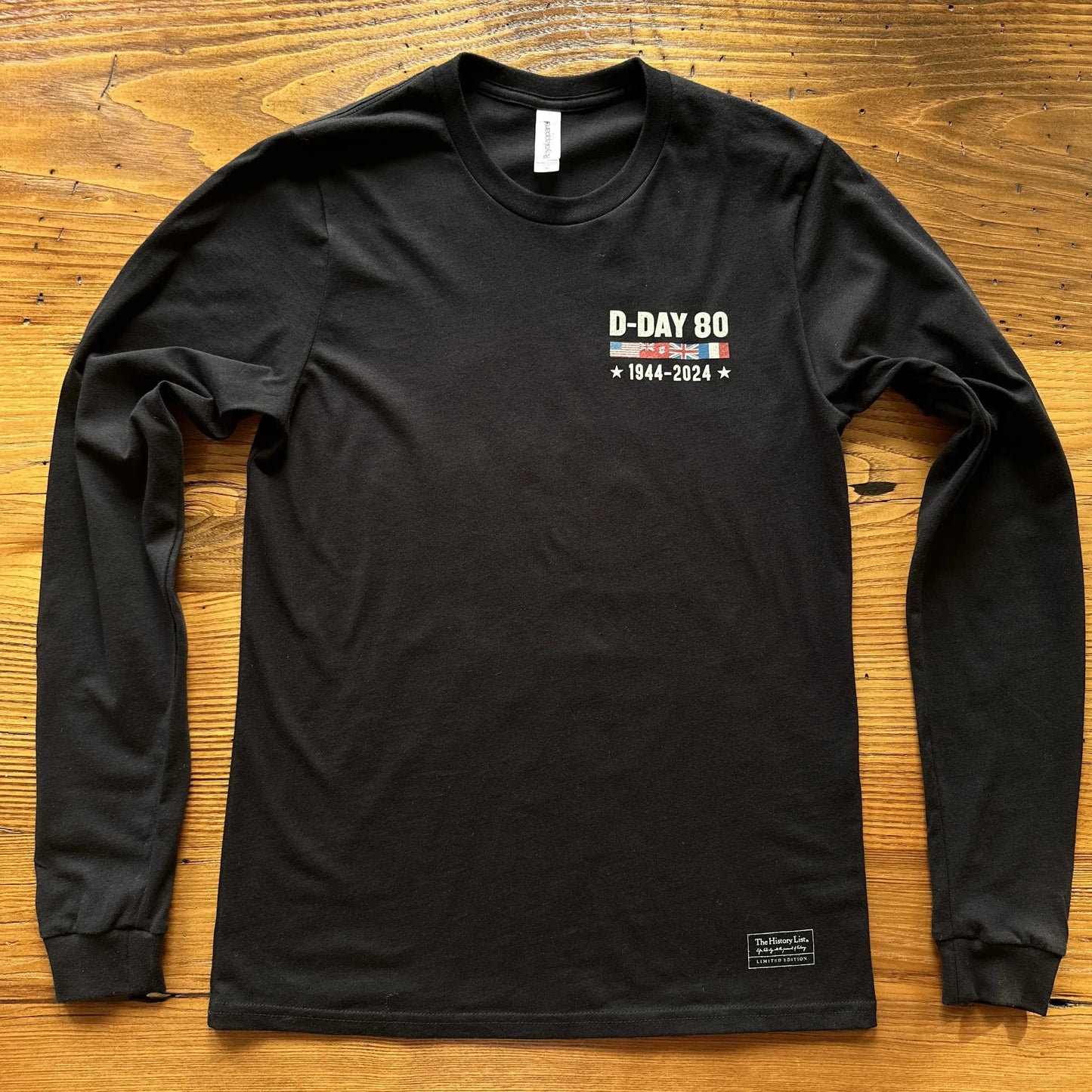 Close-up of the front of Black D-Day 80th Anniversary Long-sleeved shirt from The History List store