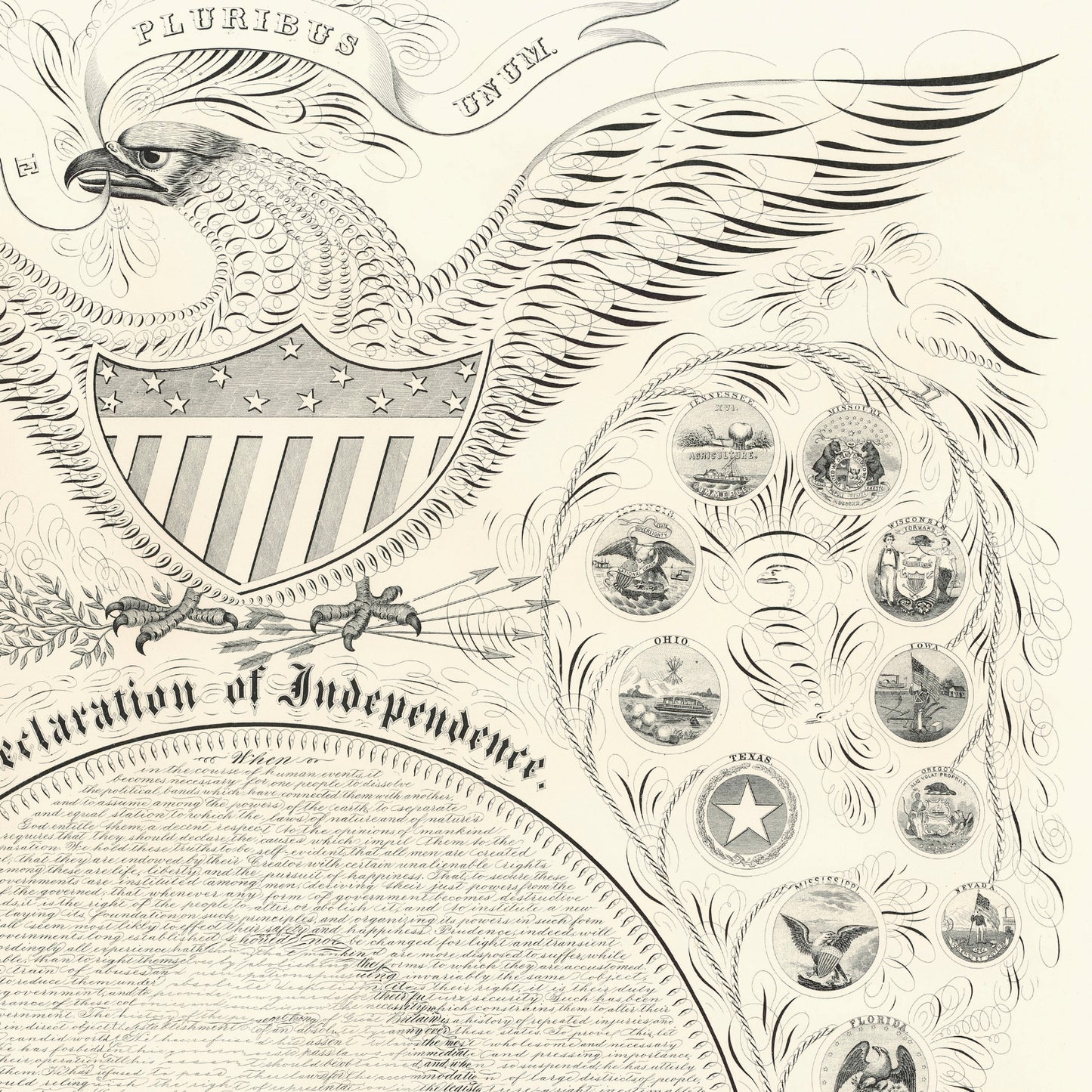 "Declaration of Independence" Calligraphy of George Washington with the seals of 16 states — Archival print — Available framed or unframed