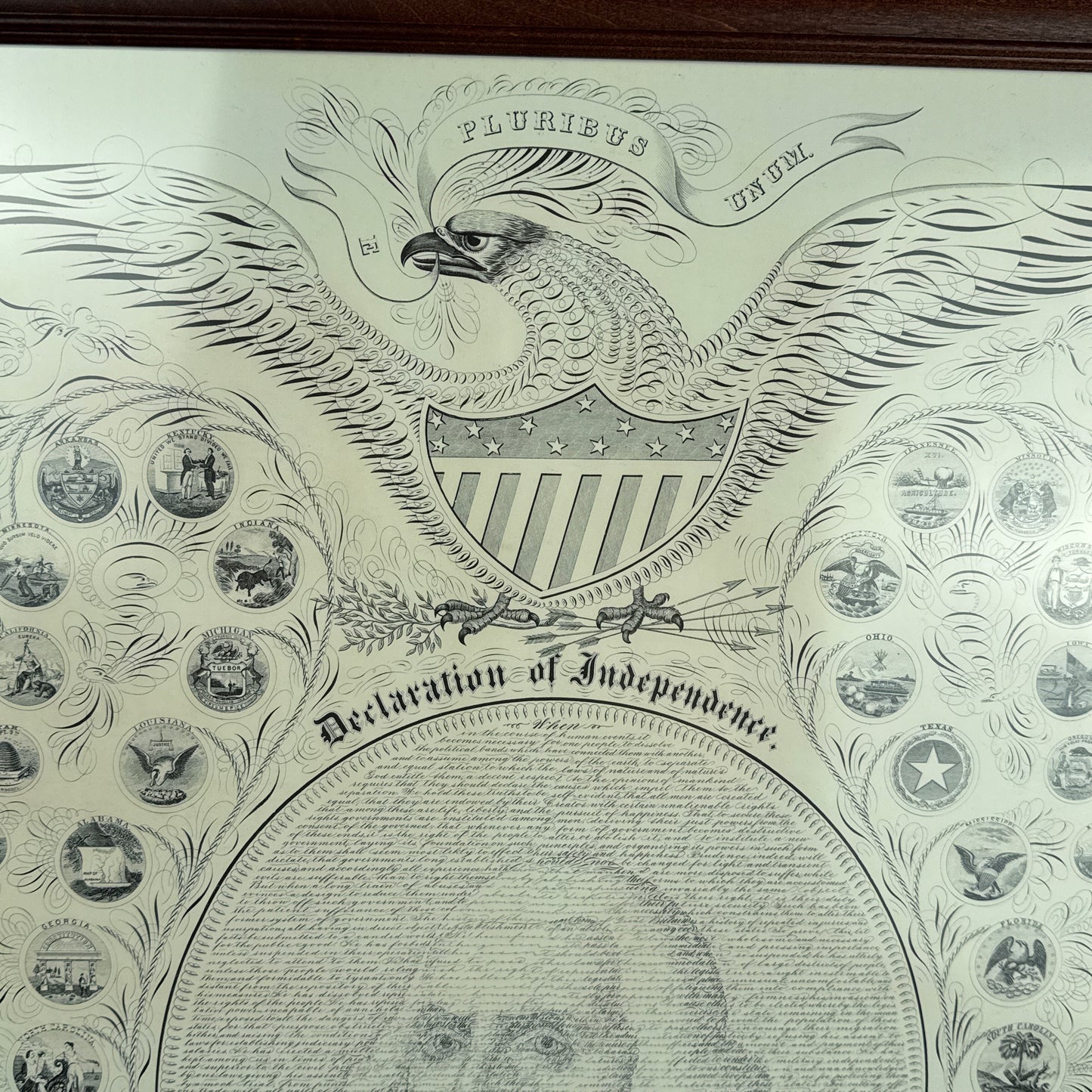 "Declaration of Independence" Calligraphy of George Washington with the seals of 16 states — Archival print — Available framed or unframed