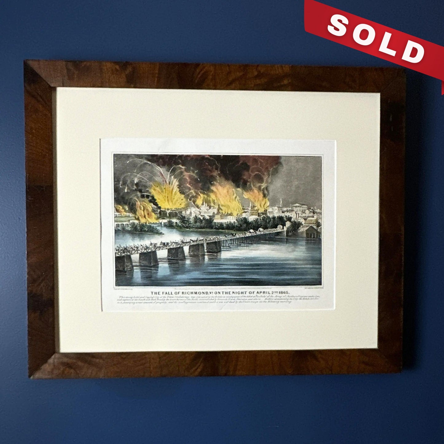 Currier & Ives hand-colored original print, "The Fall of Richmond, Virginia, on the Night of April 2nd, 1865," in an antique frame