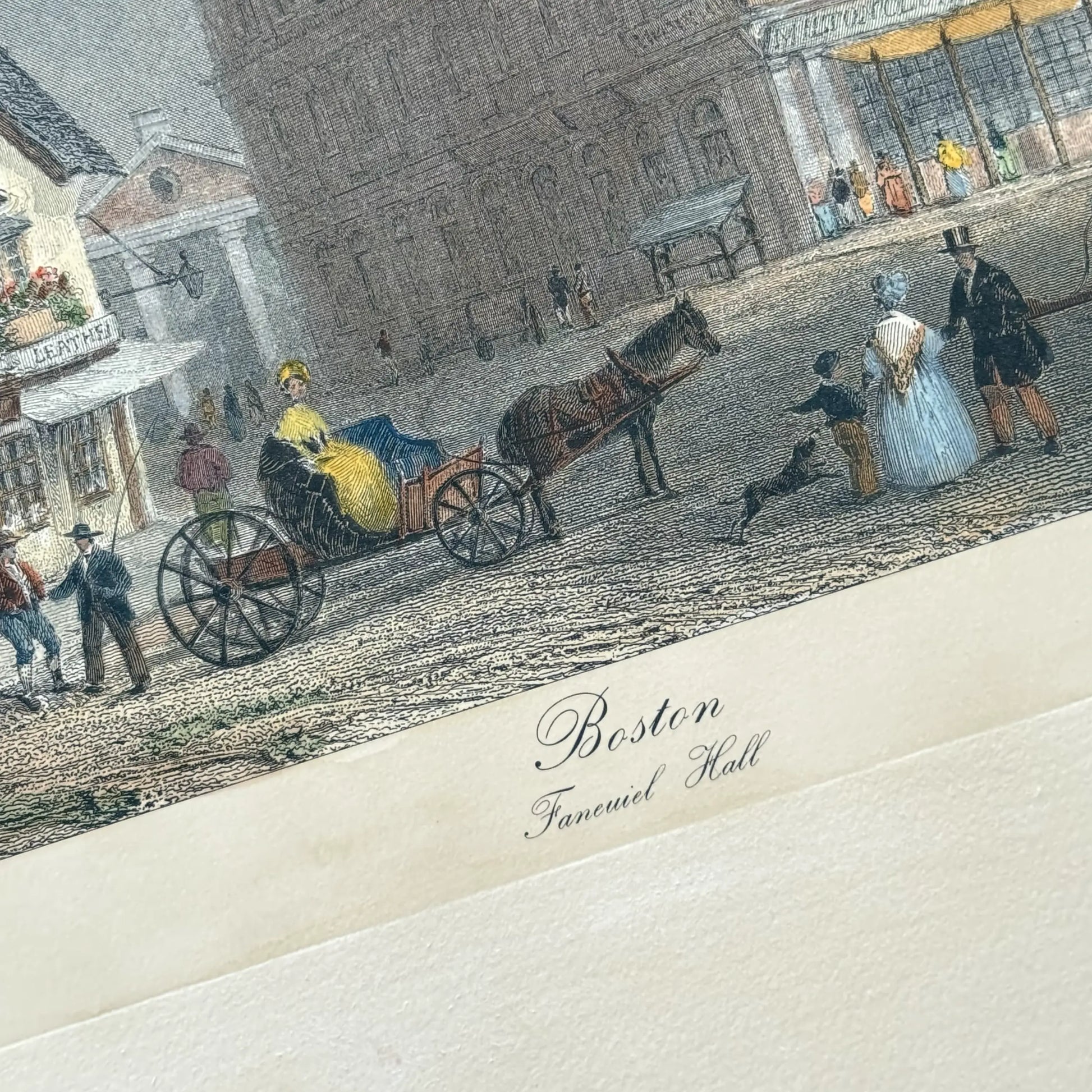 Restrike of hand-colored engraving of Faneuil Hall (19th century) from The History List store showing Boston