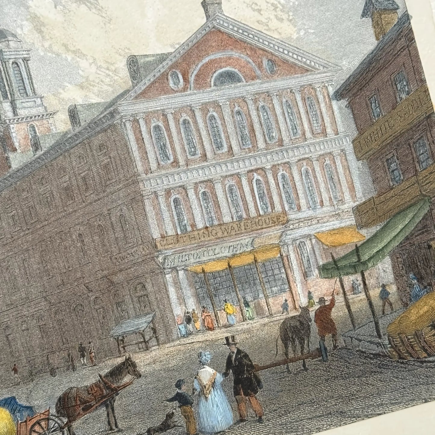 The shoppers in the Restrike of hand-colored engraving of Faneuil Hall (19th century) from The History List store