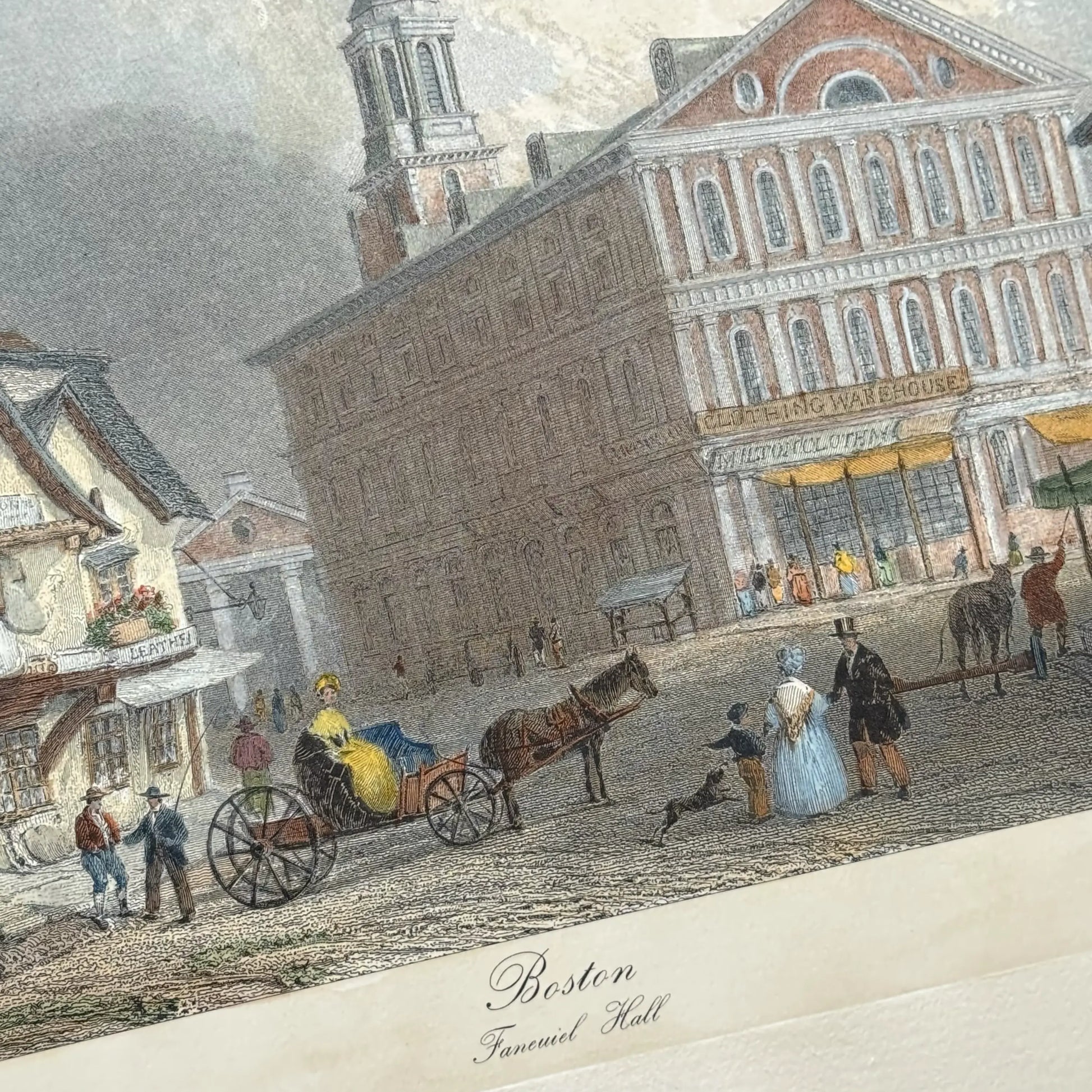 Close-up of the Restrike of hand-colored engraving of Faneuil Hall (19th century) from The History List store