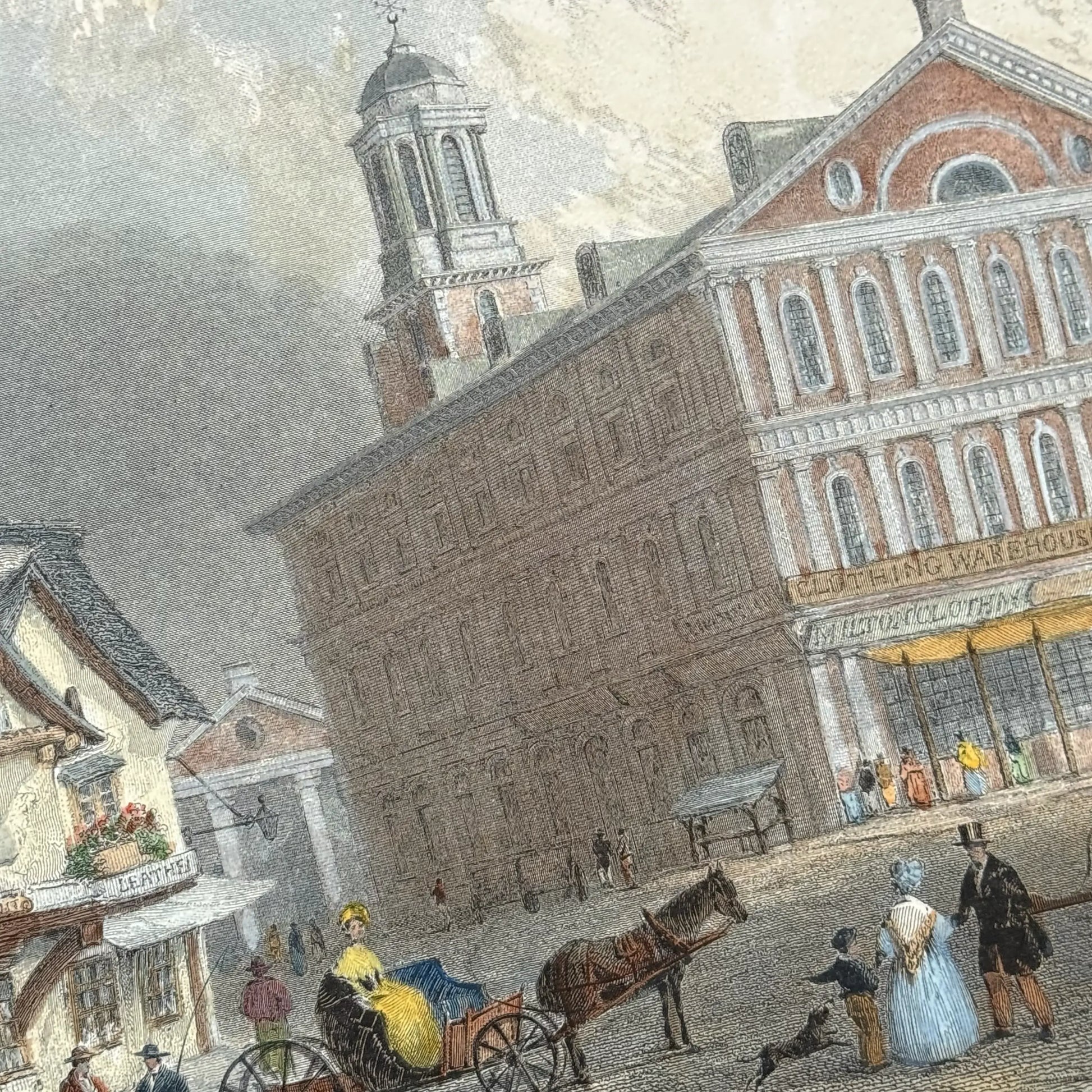 The carriage in the Restrike of hand-colored engraving of Faneuil Hall (19th century) from The History List store