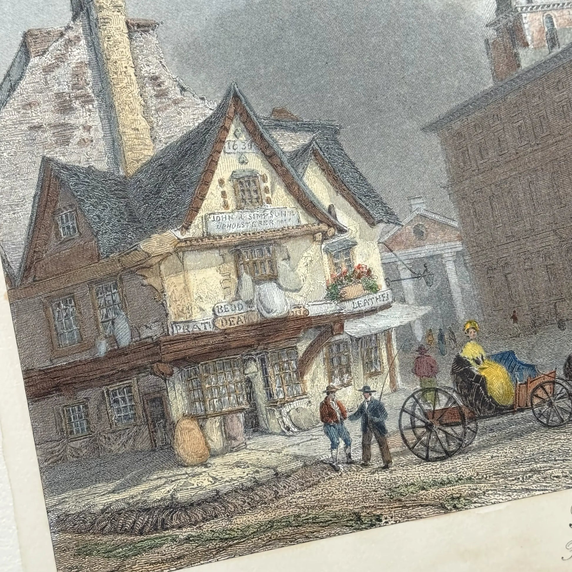 Close-up of stores in the Restrike of hand-colored engraving of Faneuil Hall (19th century) from The History List store