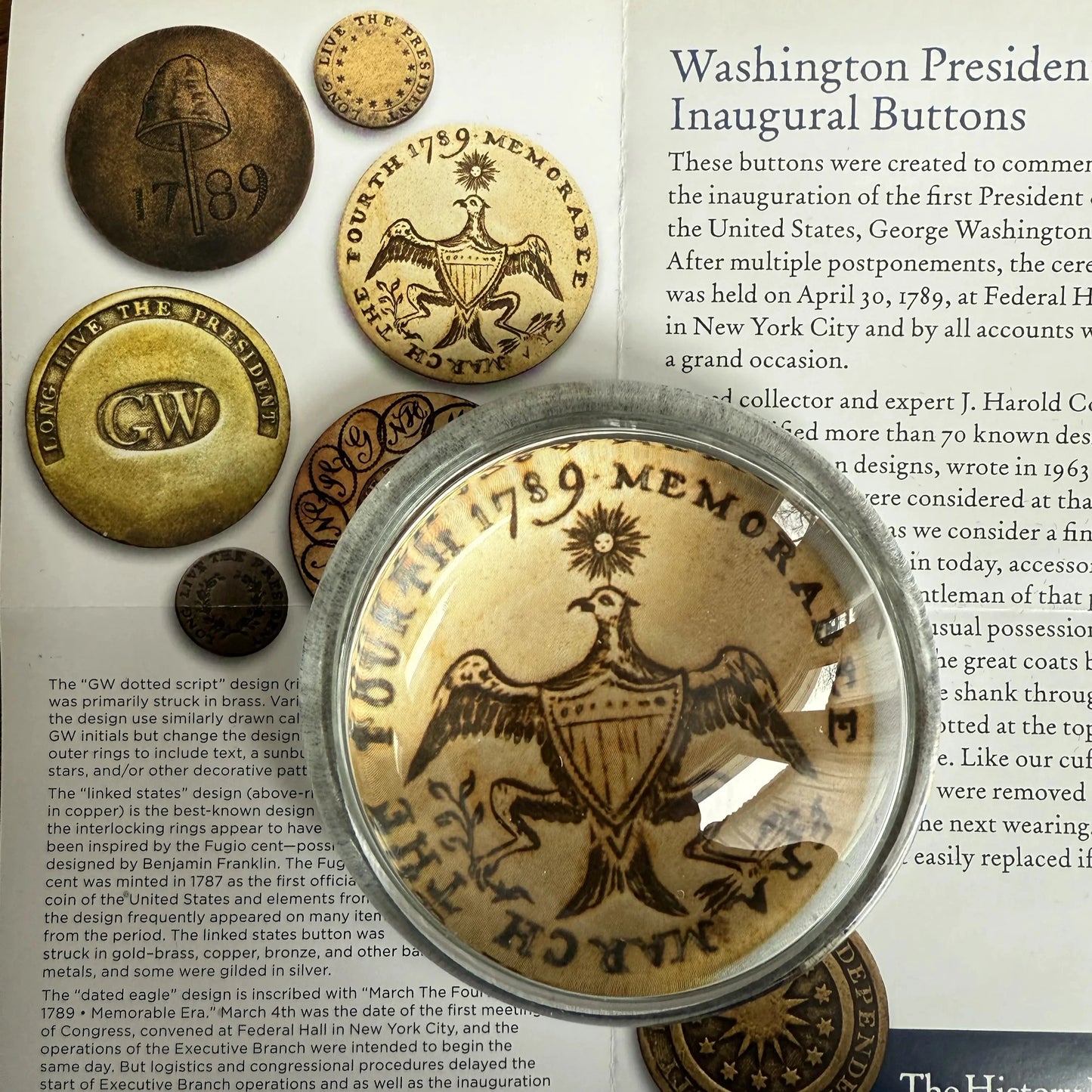 Memorable era design in the Washington Inaugural Button Glass Paperweights — Four designs — All Made in America from The History List store