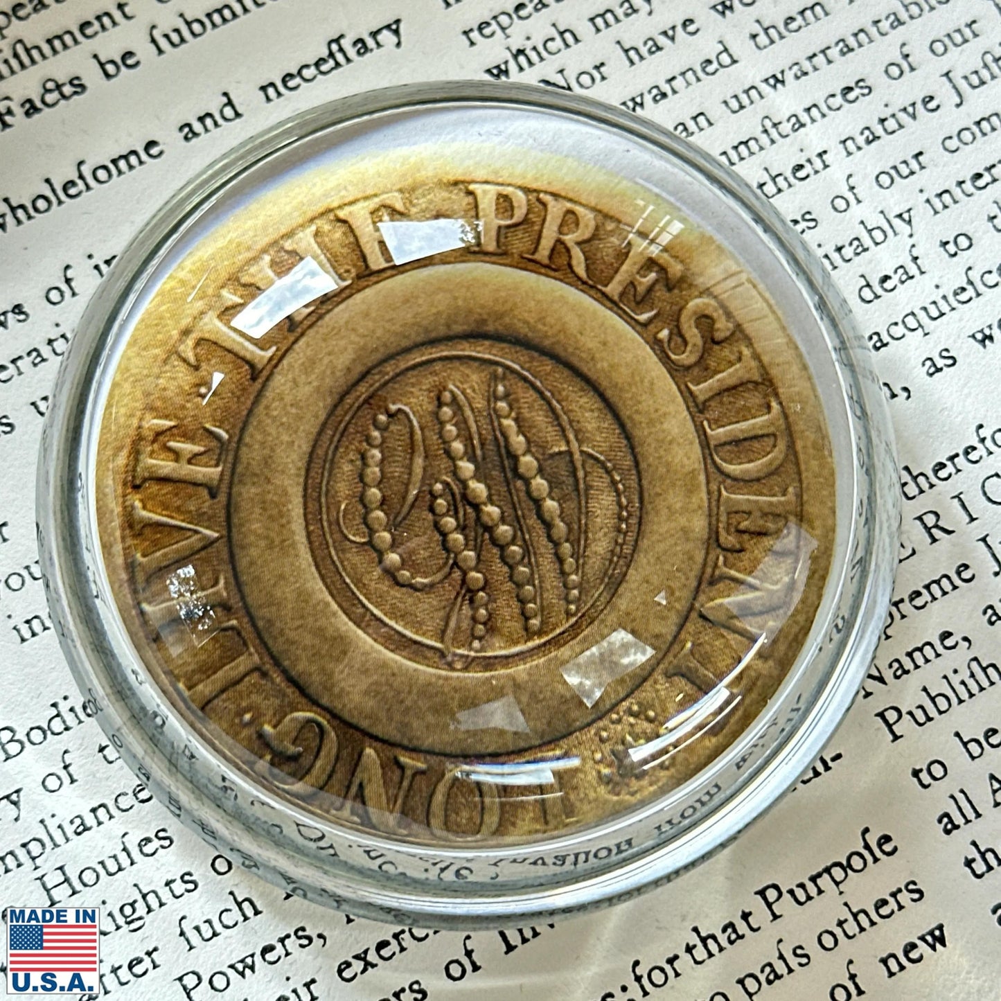 Long live the president design in the Washington Inaugural Button Glass Paperweights — Four designs — All Made in America from The History List store