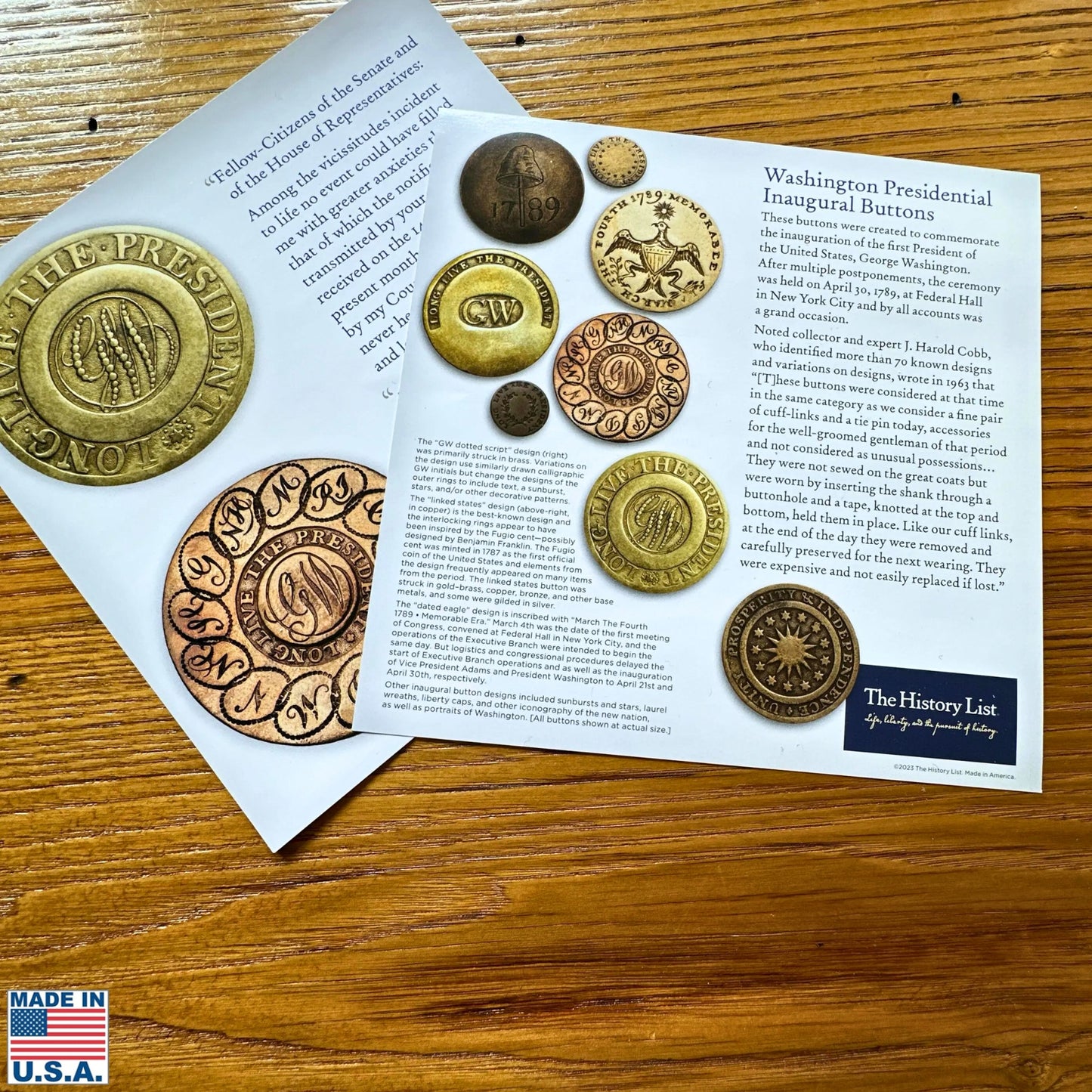 The inserted foldout from the Washington Inaugural Button Glass Paperweights — Four designs — All Made in America from The History List store