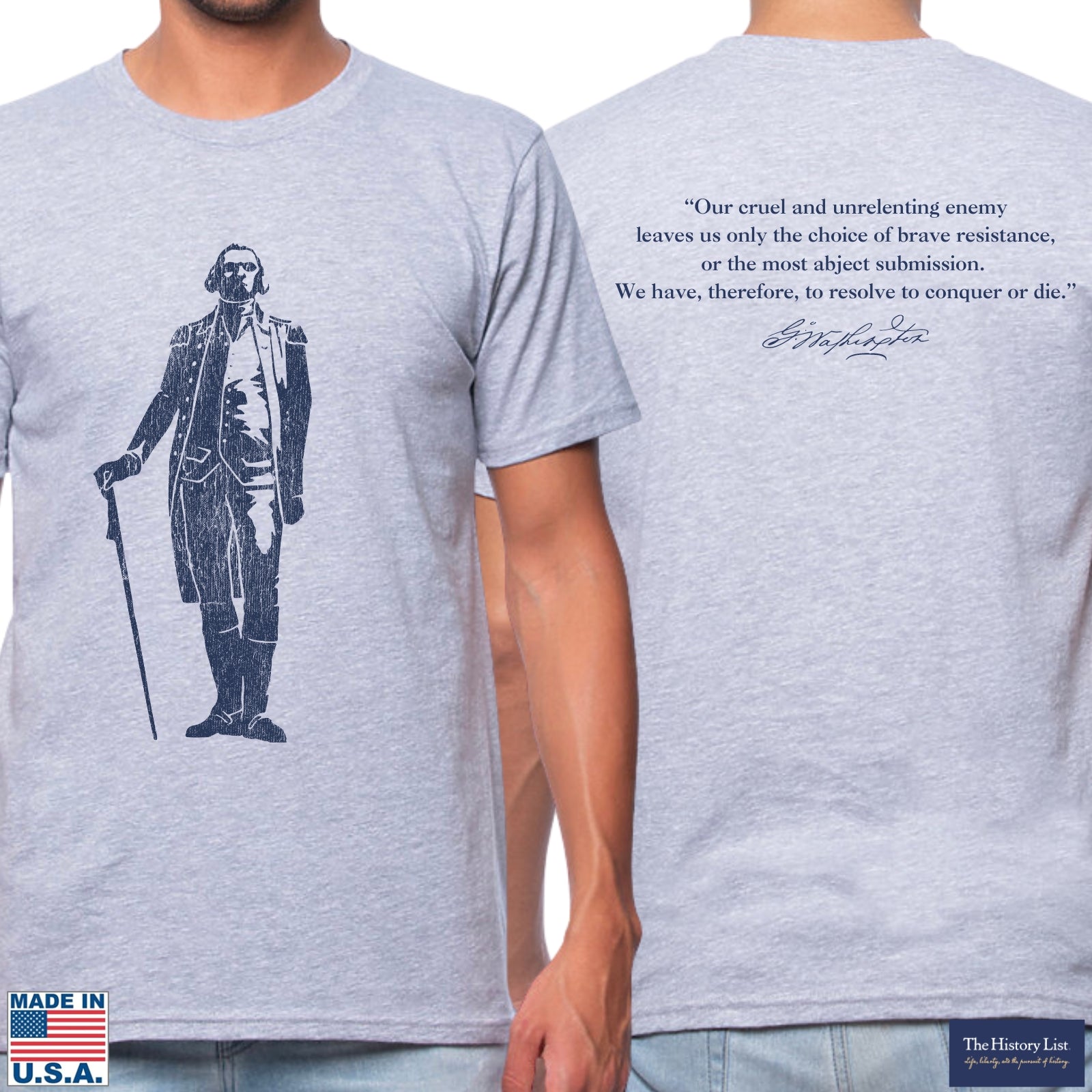 George Washington "Signature Series" with quote on the back Made in America Shirt in Athletic grey from The History List Store