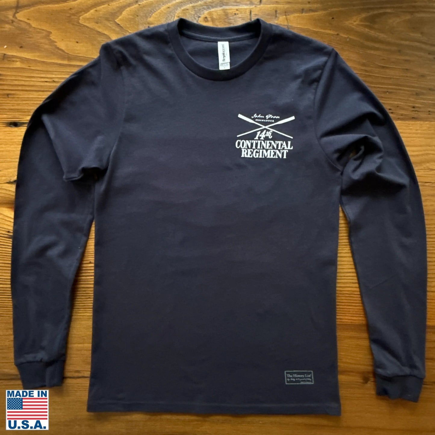 Front view of "Glover's Company — 14th Regiment" Made in America Long-sleeved Shirt from The History List store
