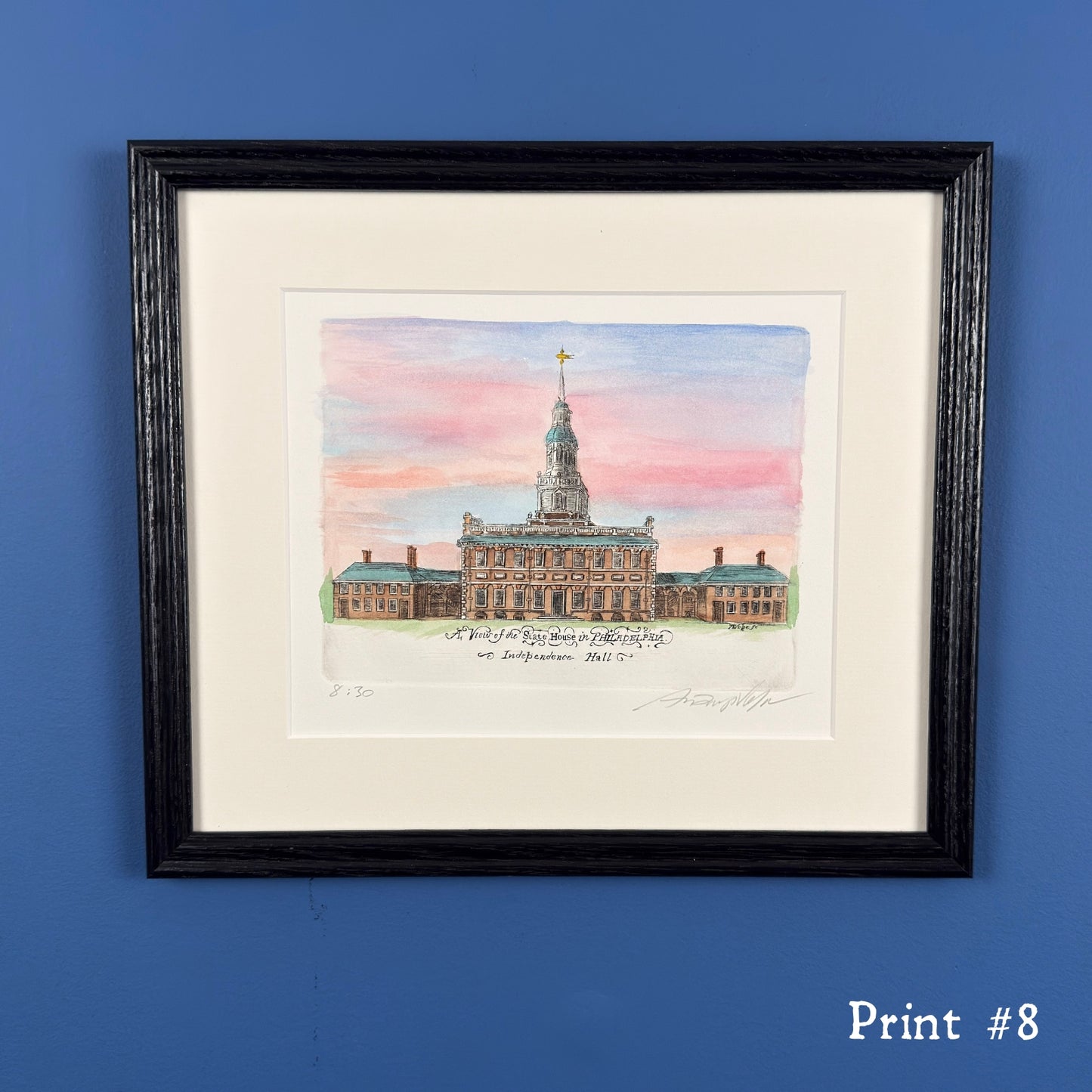 "A View of the State House in Philadelphia" Hand-Engraved and hand watercolored framed print