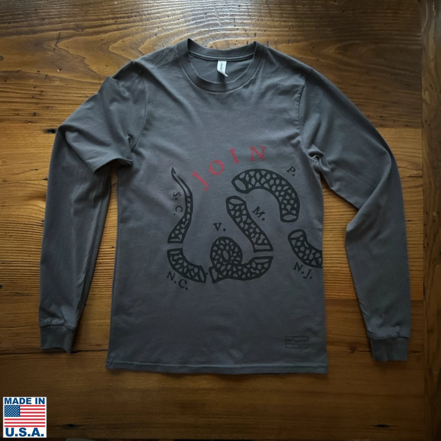 Front of "Join or Die" Made in America Long-sleeved shirt from The History List store